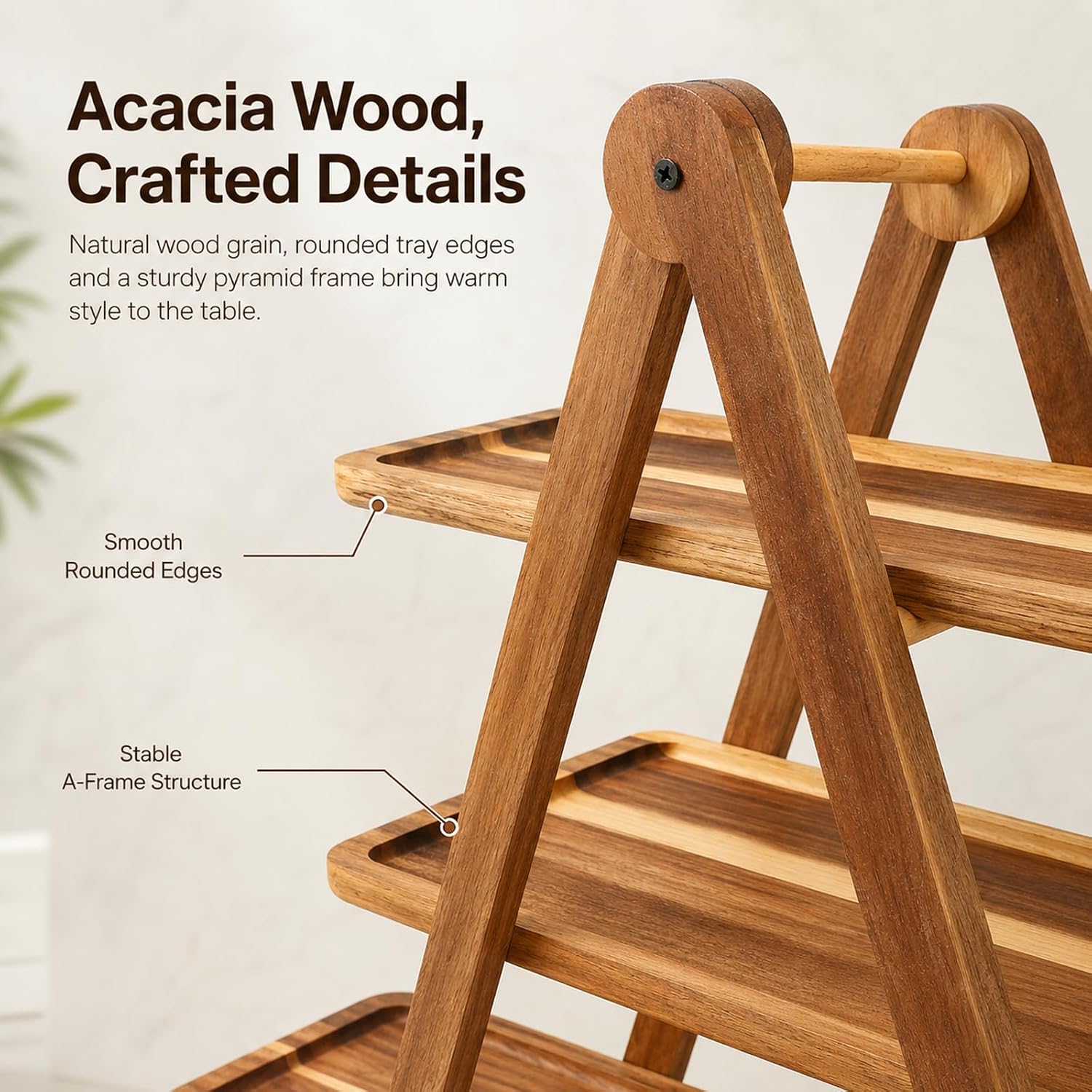 3 Tier Acacia Wood Serving Tray, Tiered Food Display Stand, Detachable Stable Pyramid Tray for Cupcake, Cheese, Fruit, Dessert, Great for Dinner Party & Tabletop Decoration - Image 4