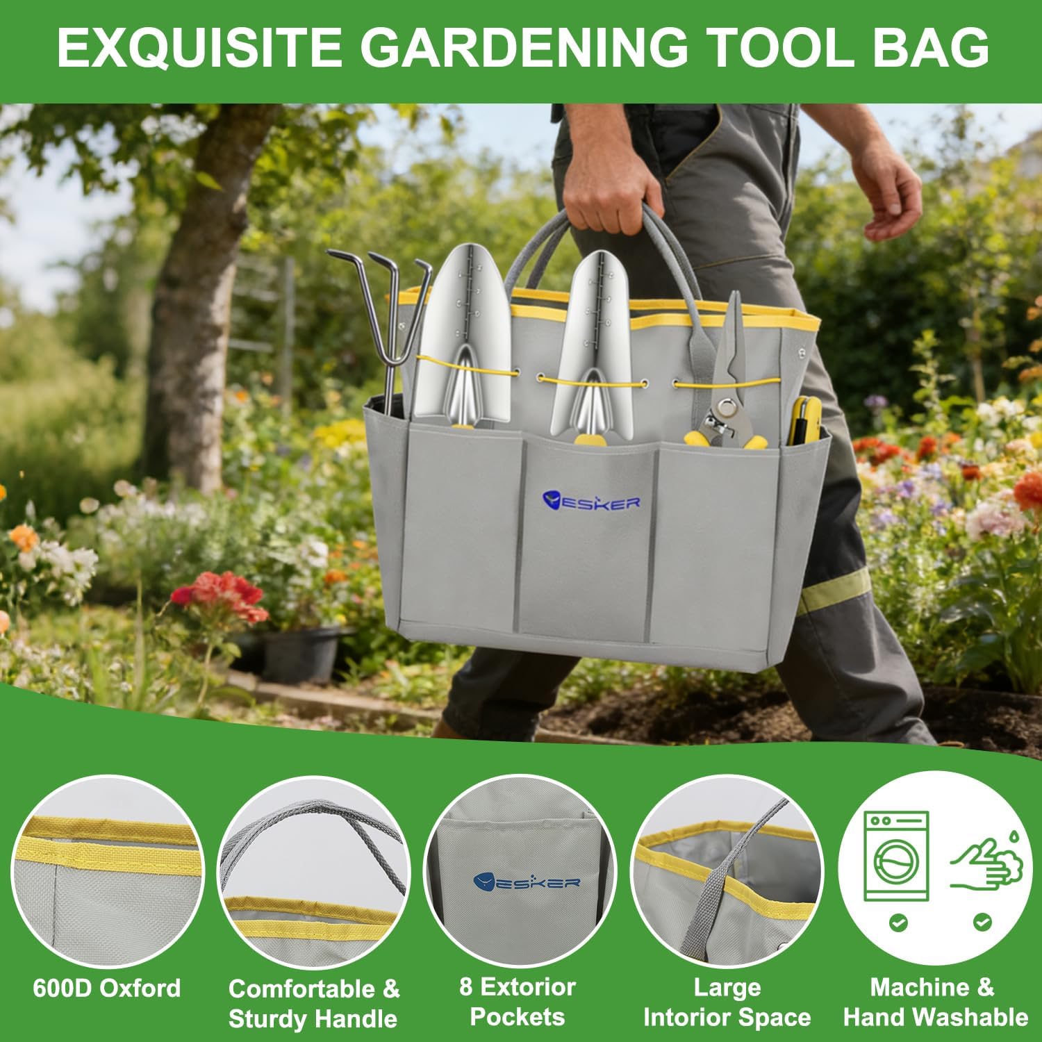 Yesker Gardening Tools 10-Piece Heavy Duty Garden Tool Set Gardening Supplies Gifts for Women Men Gardening Hand Tool Kit w Non-Slip Ergonomic Handle, Garden Bag, Durable Gloves, Pruning Shears, Gray - Image 6