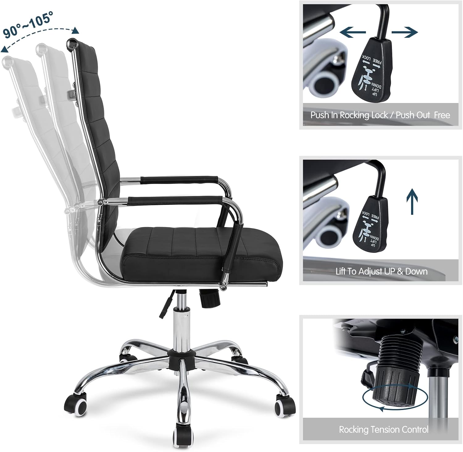 Home Office Chair Ribbed, Modern Leather Conference Room Chairs, Ergonomic Office Desk Chair, High Back Executive Computer Chair, Adjustable Swivel Chair with Arms (Black) - Image 5
