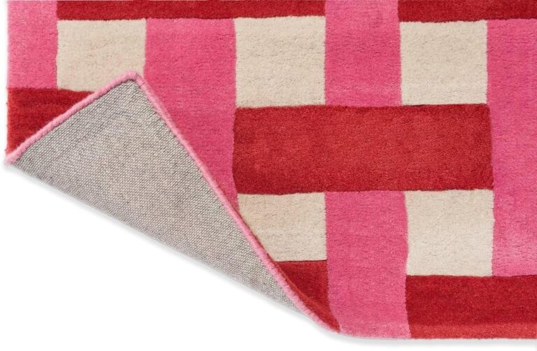 Basketweave Hand-Tufted Wool Runner Rug - 2.5x9 Ft, Red & Pink Checkered Geometric Design, Soft Handmade Plush Carpet with Cotton Backing for Living Room, Bedroom, Hallway & Nursery