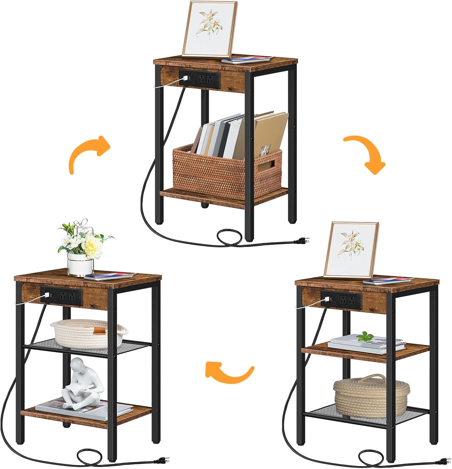 HOOBRO Side Table with Charging Station and USB Port, Small End Table for Small Space, 3-Tier Nightstand with Adjustable Shelf, for Living Room, Bedroom, Rustic Brown BF112BZ01 - Image 9