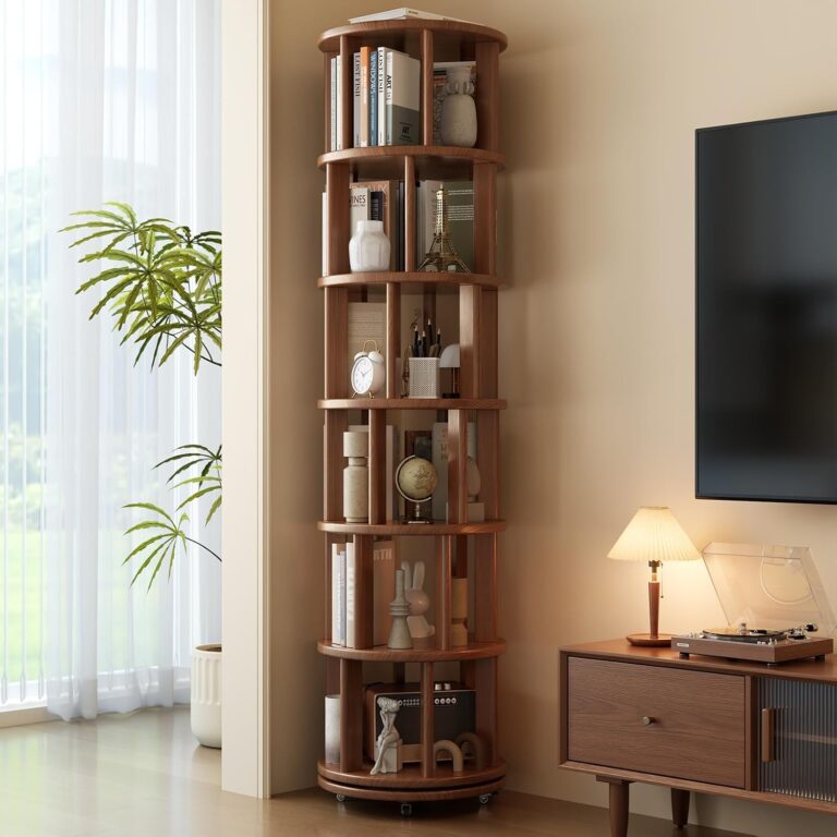 Muwuele 6 Tier Solid Wood Rotating Bookshelf Tower on Wheels, Walnut