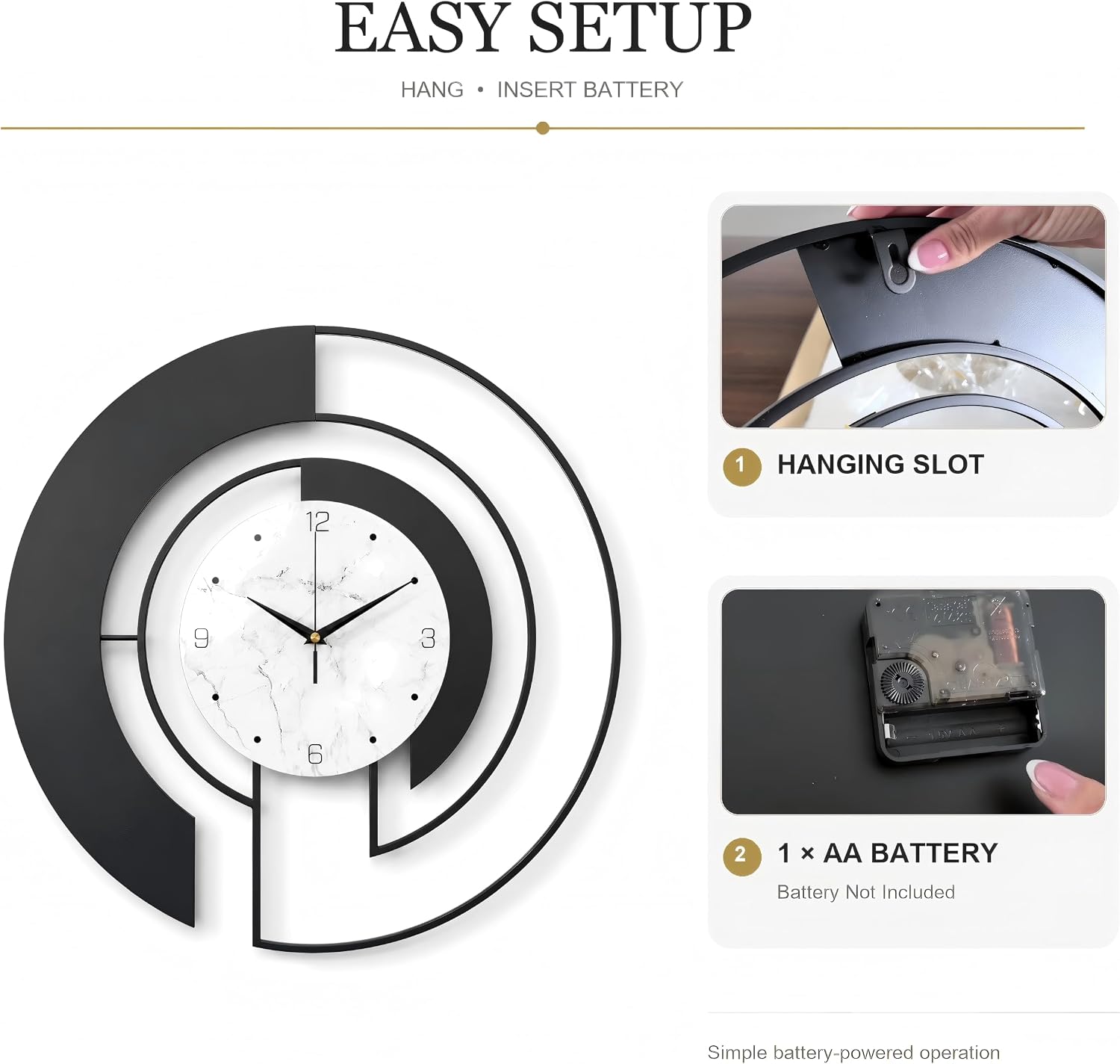 18-Inch Modern Black Metal Wall Clock, Marble Patterned Glass Dial - Image 7