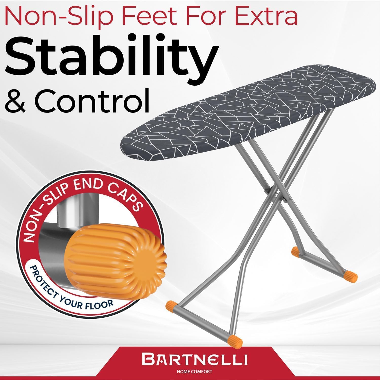 Bartnelli Compact Ironing Board, 13x43 Space-Saving Steel Foldable Iron Board, 4 Layer Cotton Cover, Adjustable Height, Bonus Hanger and Silicone Iron Pad - Image 3