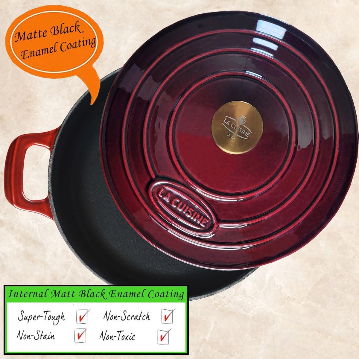 La Cuisine Enameled Cast Iron Braiser Sauté Pan Shallow Dutch Oven with Golden Knob for Lid Internal Matt Black Enamel 3.75 QT 11" / 28cm Ø Oven-Safe 550°F/276°C, Cranberry - Image 3