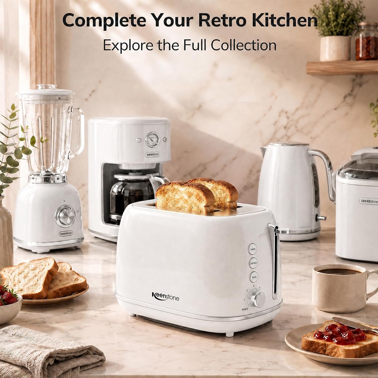 Keenstone 2 Slice Toaster, Retro Stainless Steel Kitchen Essentials, White - Image 8