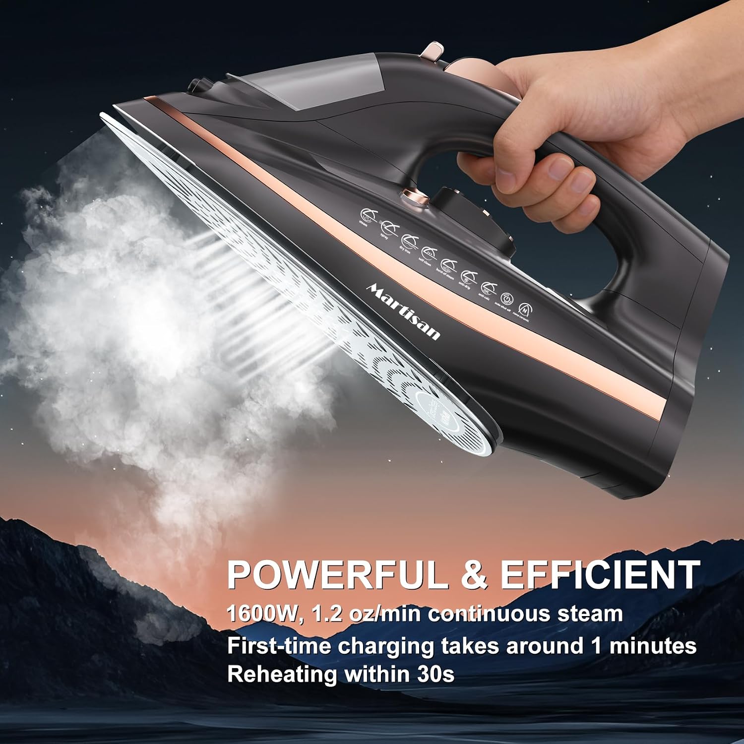 Martisan Cordless Iron for Clothes, 1600W, Wireless, Rapid Heating, Retractable Cord, Power Charging Base, Ceramic Soleplate, Auto-off, Anti-calc, Anti-drip, Self Clean - Image 2