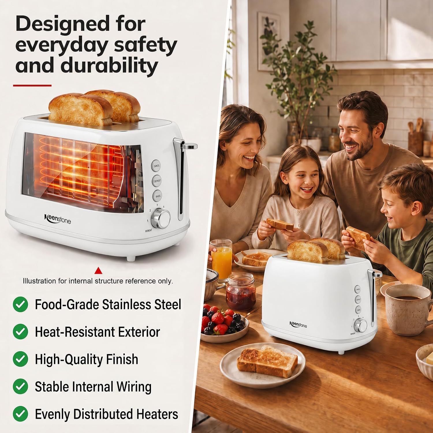 Keenstone 2 Slice Toaster, Retro Stainless Steel Kitchen Essentials, White - Image 3