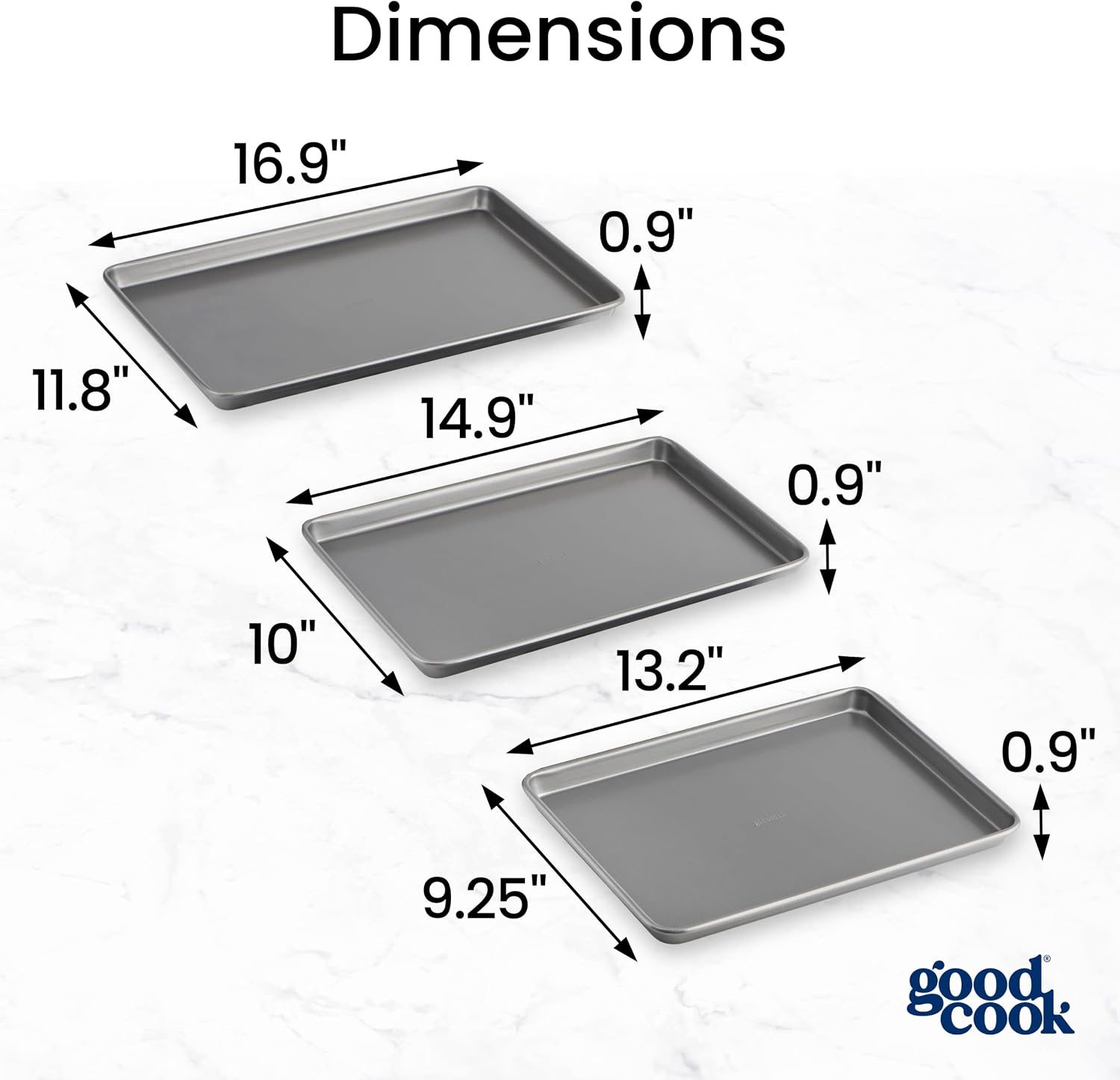 GoodCook Everyday Nonstick Baking Sheet Set, 3 Pack Includes Small (13×9) Medium (15×1) and Large (17×11) Pans Carbon Steel Construction Cookie Sheets Bakeware Set, Gray - Image 2