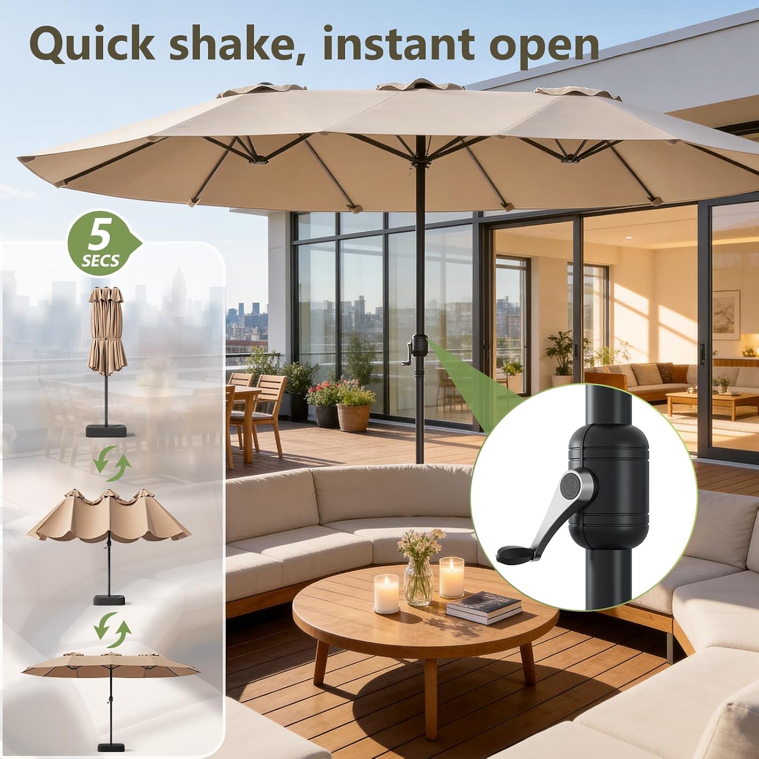 15FT Patio Umbrella, Double-Sided Outdoor Umbrella with base included, Large Standing Umbrella with Crank Handle & Ventilation, Rectangular patio umbrella for Pool, Backyard, Deck, Lawn & Beach - Image 6