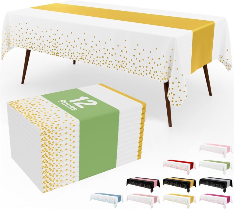 Smiry Plastic Table Cloth Disposable 12 Pack, 54 x 108 Inch Rectangle Waterproof Tablecloth, Printed Gold Table Runner Style for Birthday Weeding, Party, Leakproof & Sturdy, White and Gold