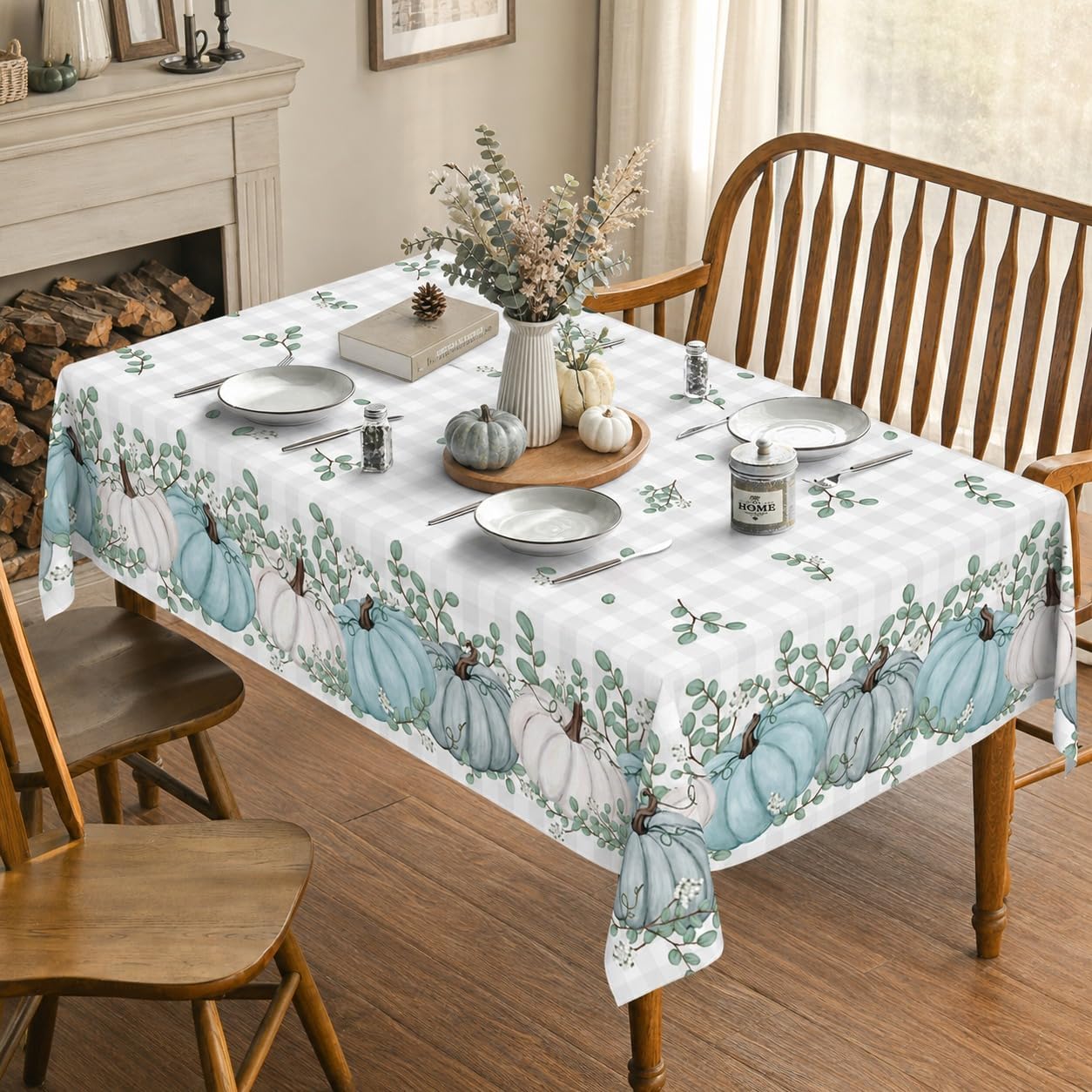 Horaldaily Fall Tablecloth 60x84 Inch Rectangular, Thanksgiving Autumn Harvest Blue Pumpkin Buffalo Plaid Table Cover for Party Picnic Dinner Decor - Image 2