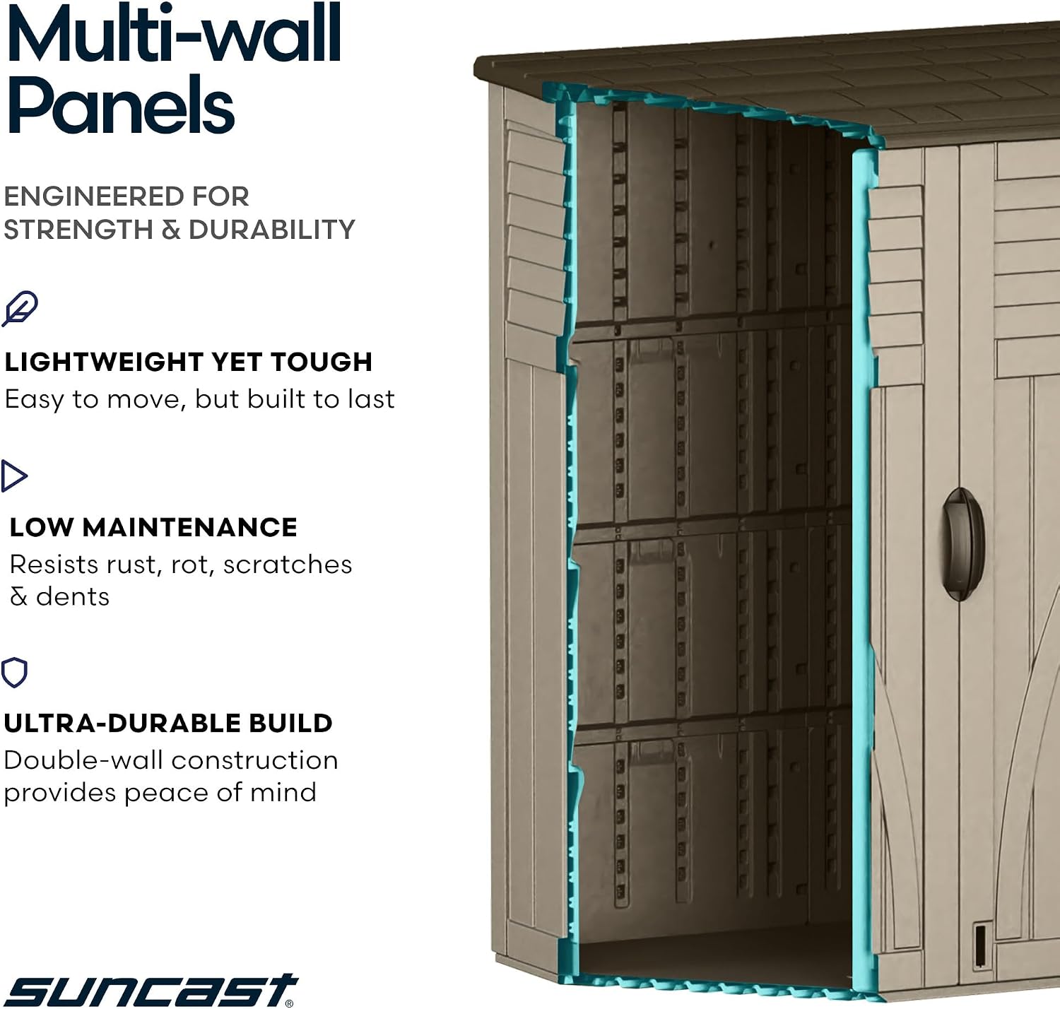Suncast Outdoor Storage Shed, Water Resistant Resin Vertical Outdoor Storage Cabinet for Patio, Garden Tools, Cushions, & Equipment, Weatherproof Multi-Wall Design, 54 cu. ft., Made in USA - Image 6