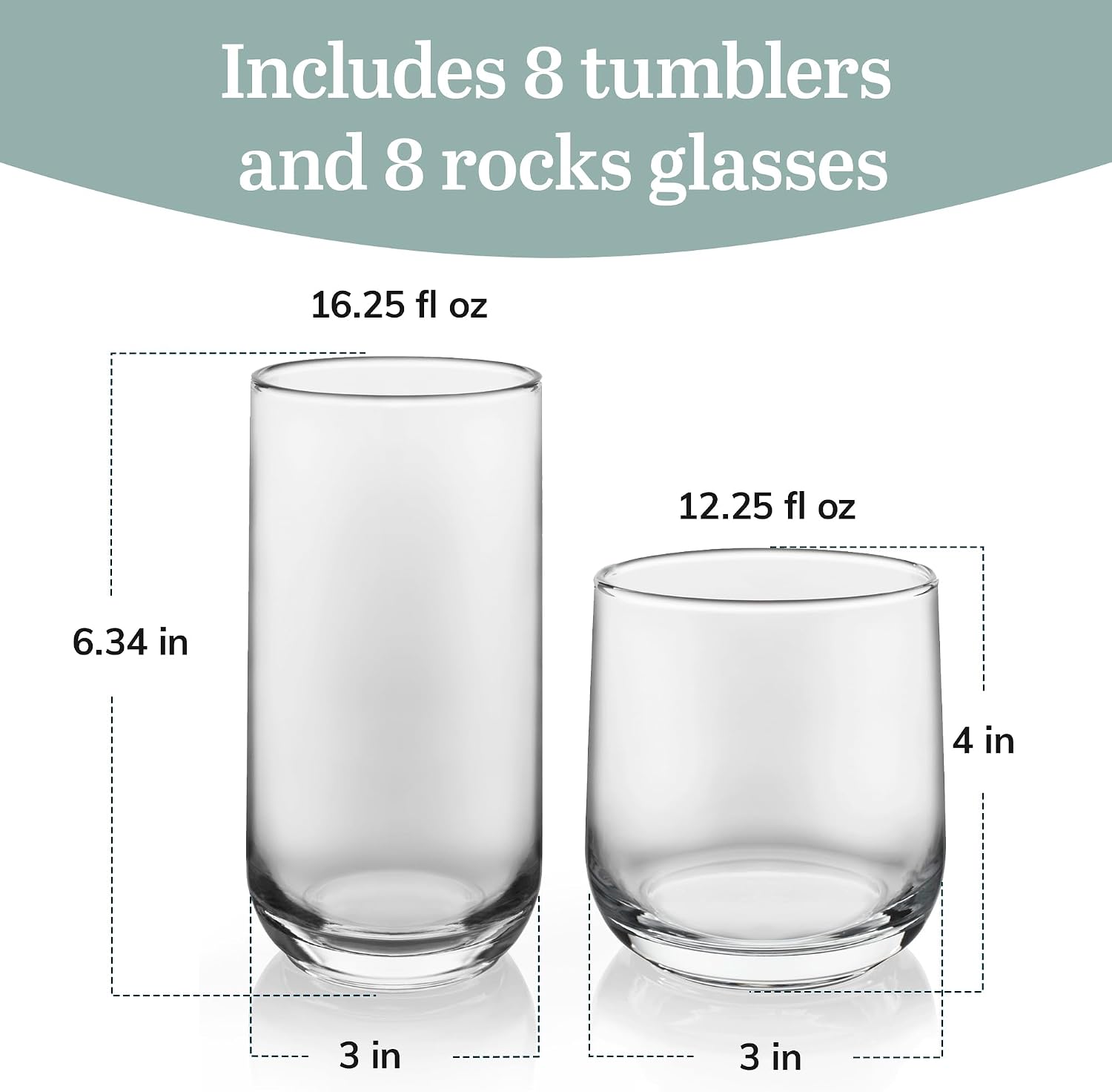 Libbey Ascent Tumbler & Rocks Drinking Glasses Set of 16, Clear Glass Cups - Image 3
