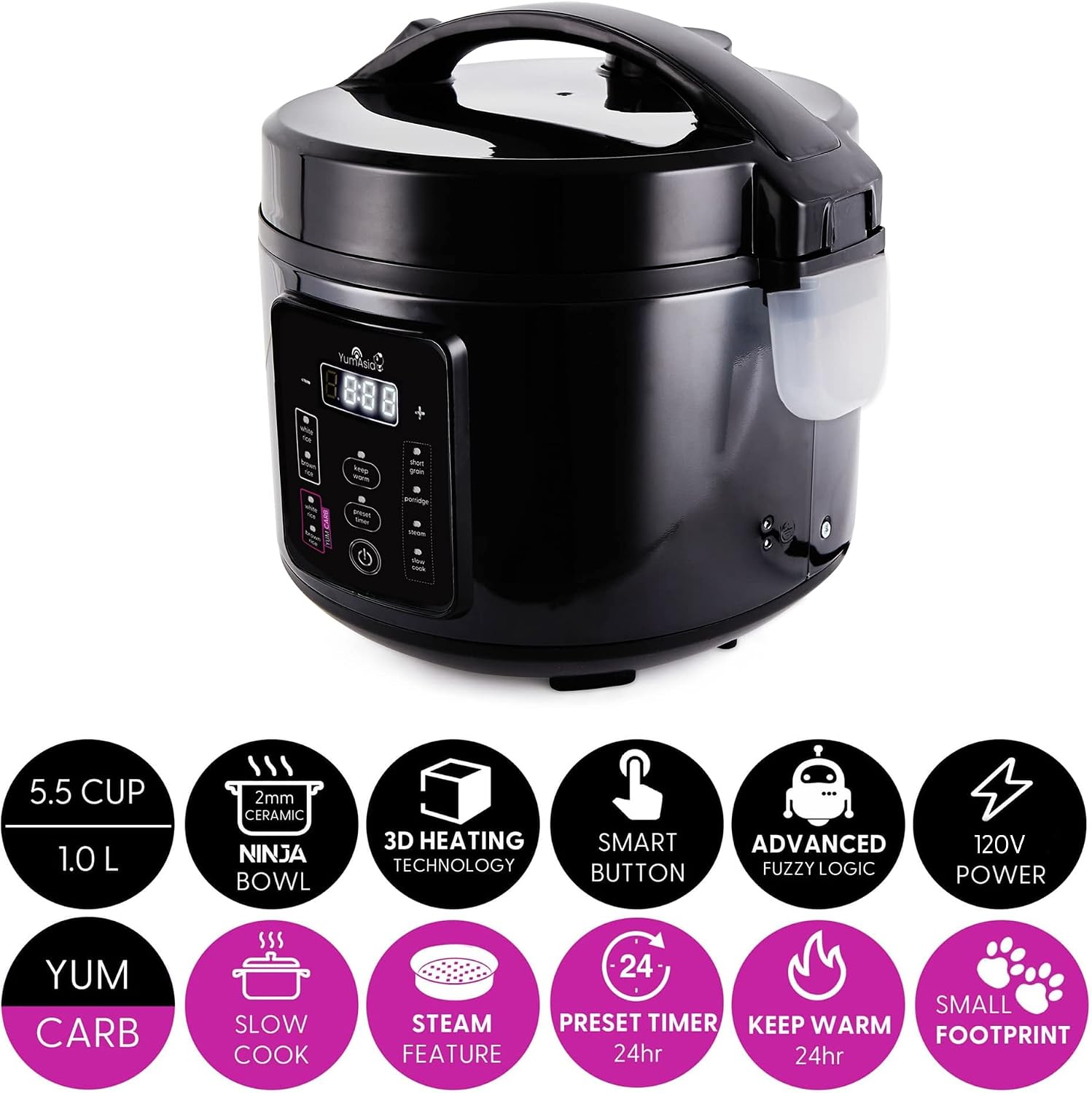 Yum Asia Kumo YumCarb Rice Cooker with Ceramic Bowl and Advanced Fuzzy Logic, (5.5 Cups, 1 Litre), 5 Rice Cooking Functions, 3 Multicooker Functions, 110V US Power (Dark Stainless Steel) - Image 4