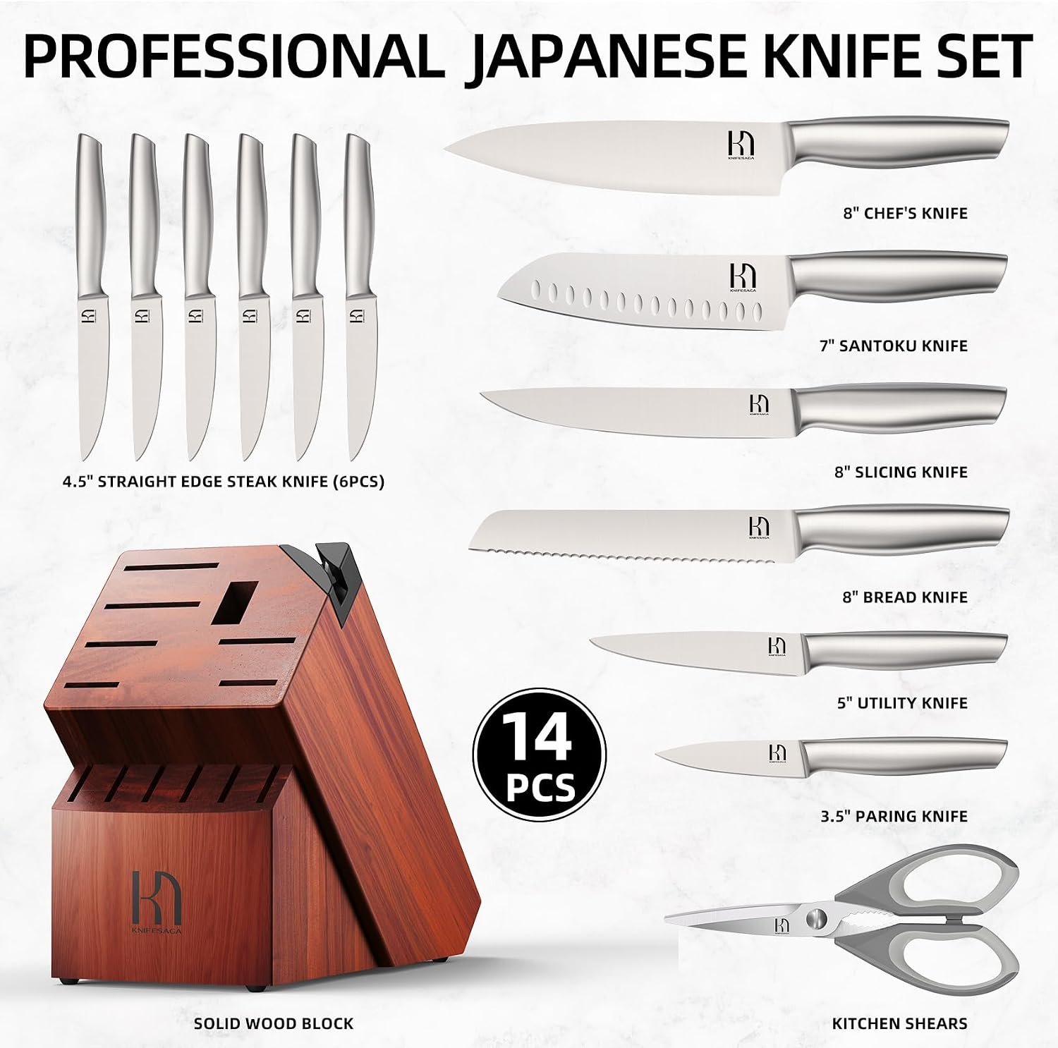 KnifeSaga 14 Pcs Knife Set with Block, Premium, Razor Sharp, Japanese Steel - Image 6