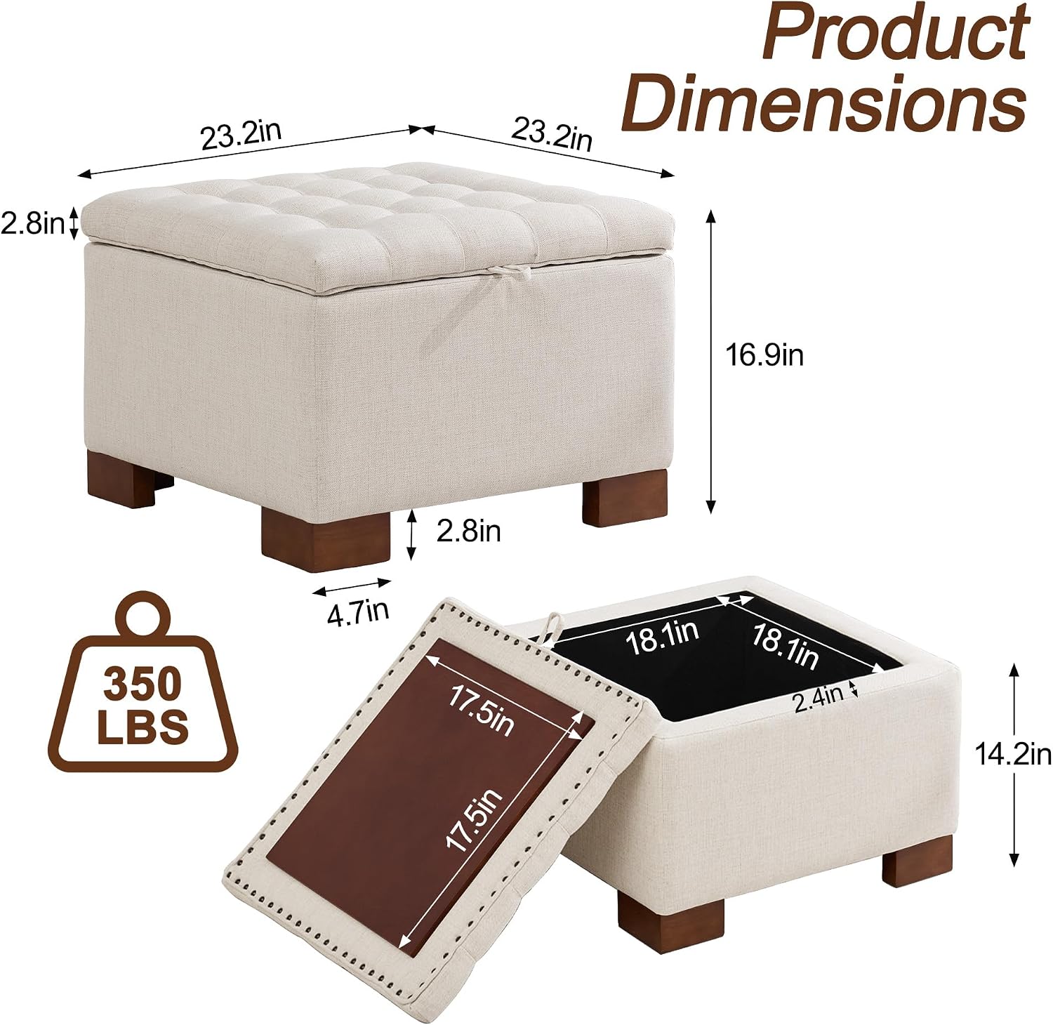 WUTUTUEE 24" Square Fabric Storage Ottoman with Wooden Tray Top, Modern Tufted Button Upholstered Footstool Coffee Table, Multifunctional Small Storage Ottoman for Living Room Bedroom, Beige - Image 2