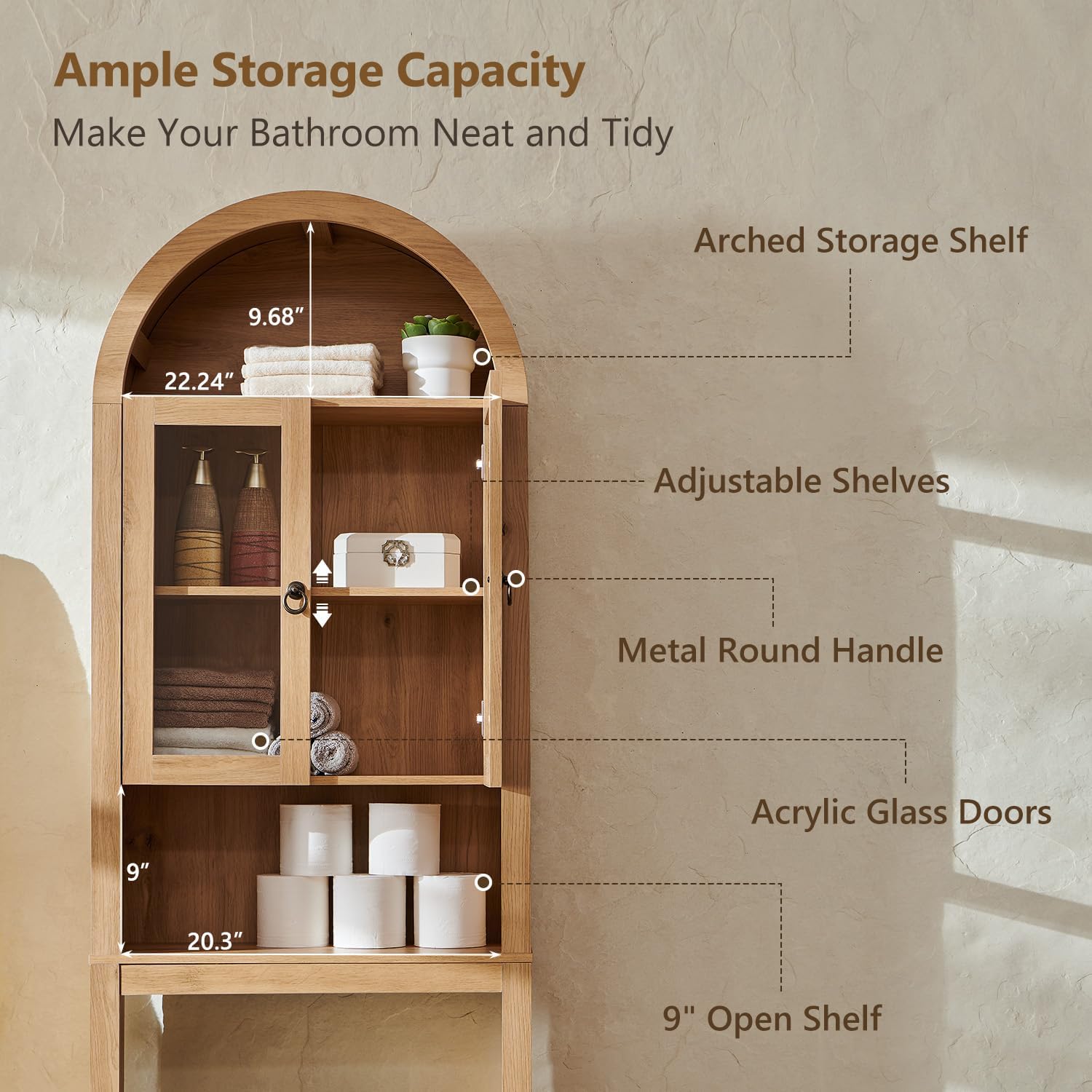 IFGET Arched Over The Toilet Storage Cabinet with Acrylic Doors,Natural Oak - Image 4