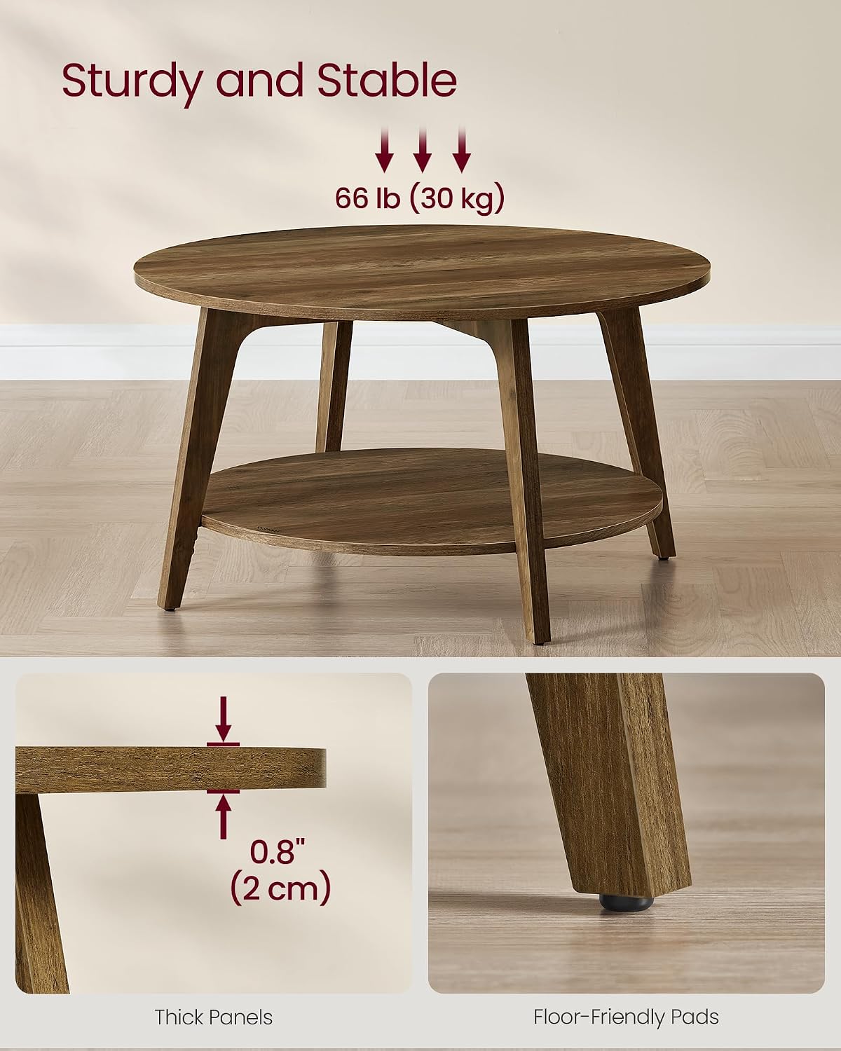 VASAGLE Round Coffee Table, 2-Tier Center Table with Storage, Tapered Legs - Image 5