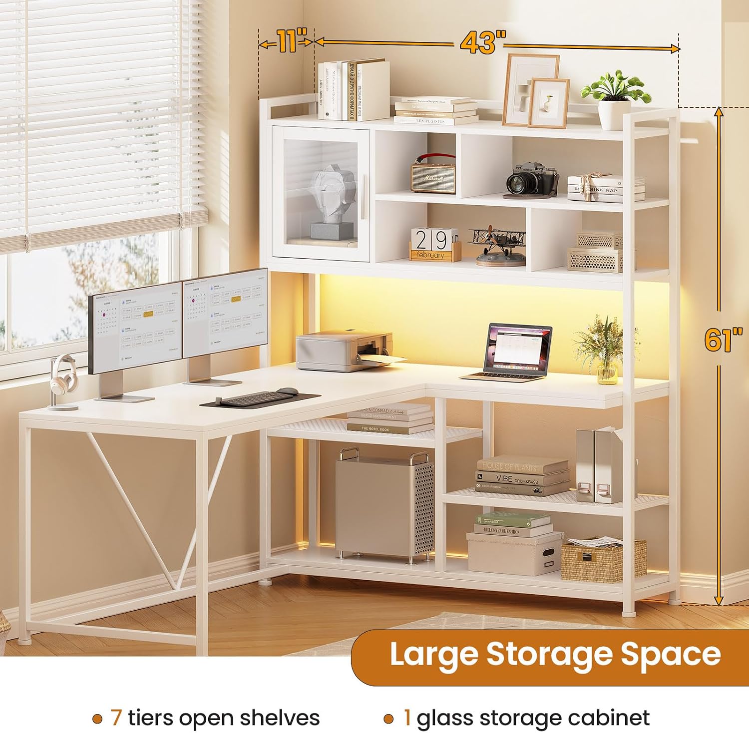 SEDETA L Shaped Computer Desk with Storage Shelves and Bookshelf, White - Image 2