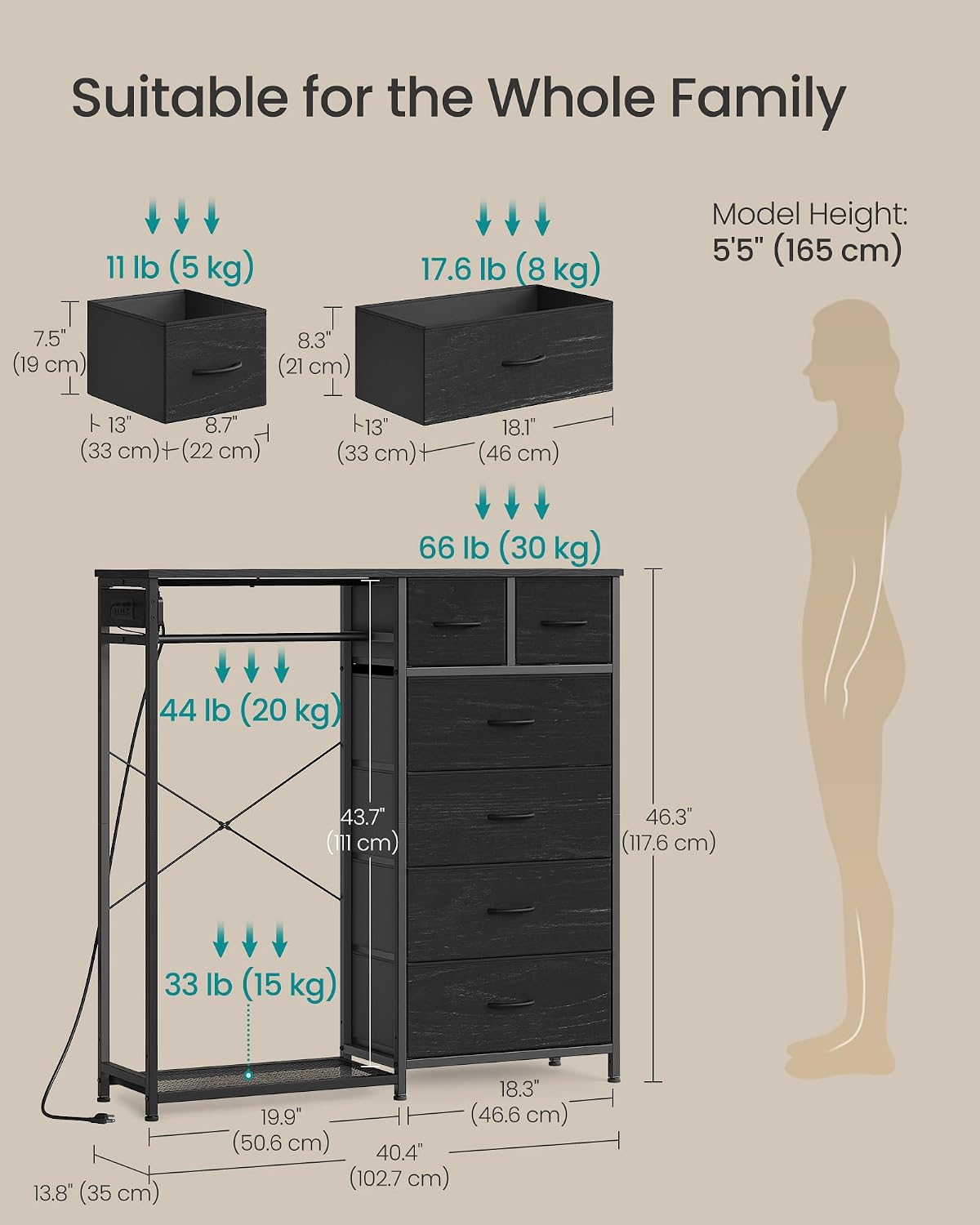 SONGMICS Dresser with Hanging Rod, Closet Organizer with 6 Fabric Drawers - Image 2