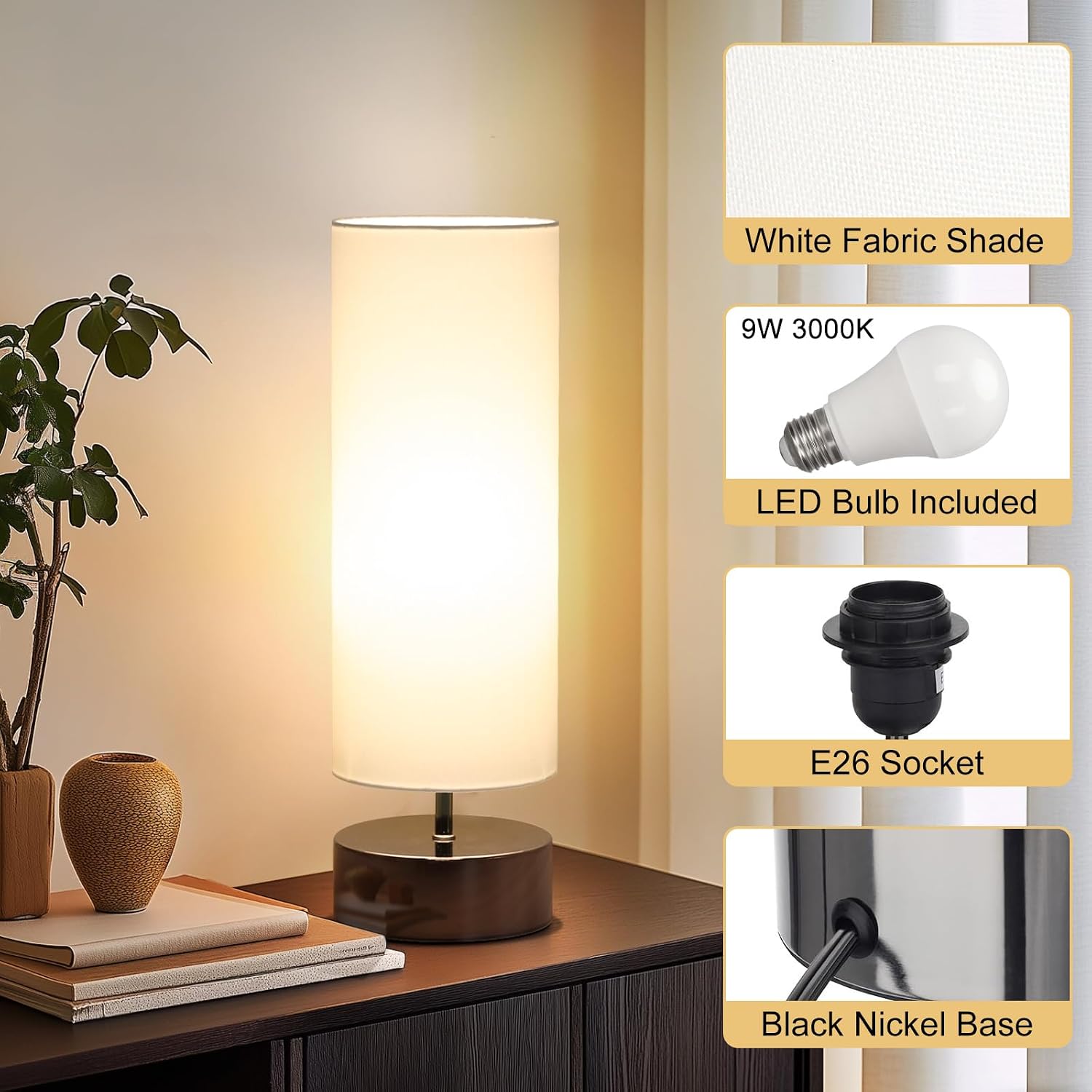 Touch Table Lamp, 3-Way Dimmable Bedside Lamp with Cylinder Fabric Shade - Image 7