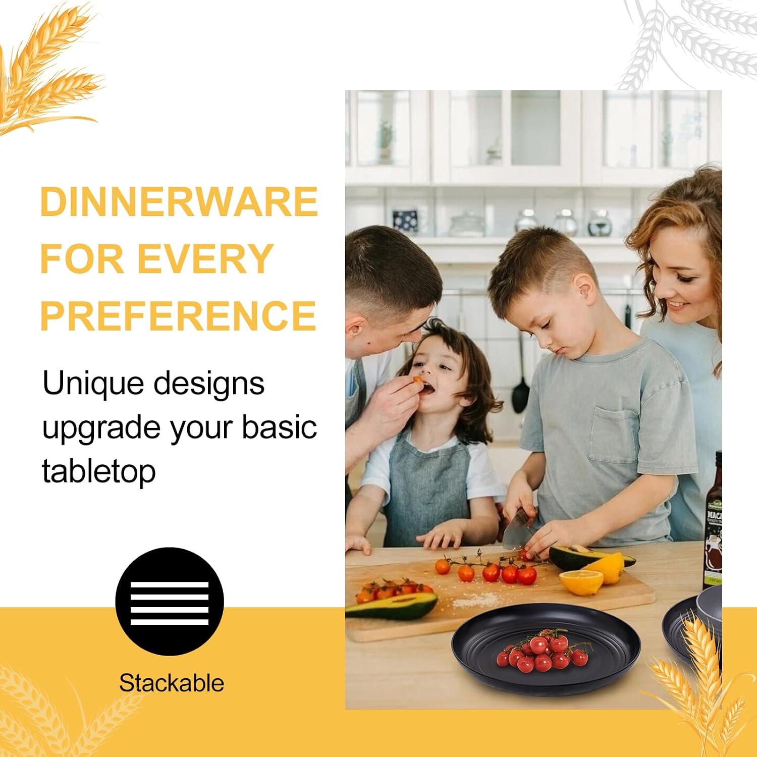 Rubtlamp Wheat Straw Dinnerware Sets, 16PCS Plastic Dinnerware Set for 4, Wheat Straw Plates and Bowls Sets, Unbreakable Dinnerware Plastic Microwave Safe Dishes Set for Kitchen&Camping - Image 5