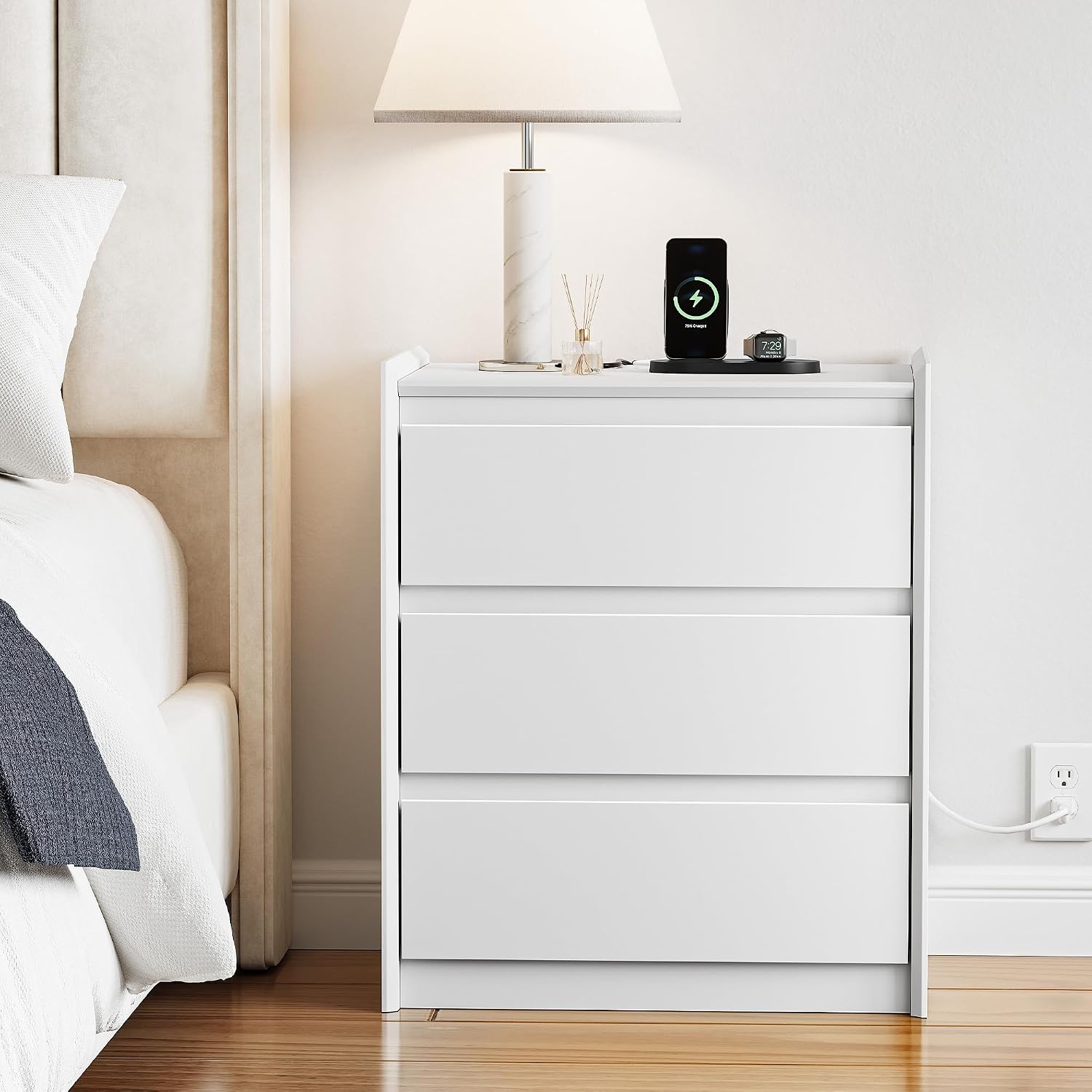 White Nightstand with Charging Station, 24" H, 3-Drawer Storage - Image 4