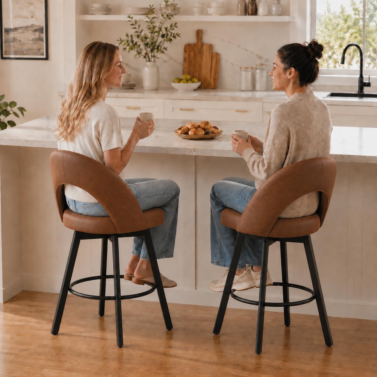 YaFiti 24" Counter Height Bar Stools Set of 2, Faux Leather, Light Tan - Image 5