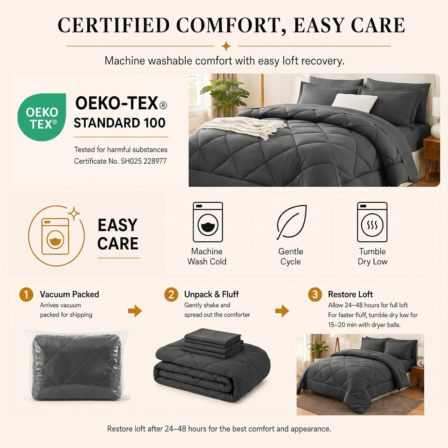 CozyLux Queen Comforter Set 88"x88" Dark Grey - 7 Piece Bed in a Bag - Image 4