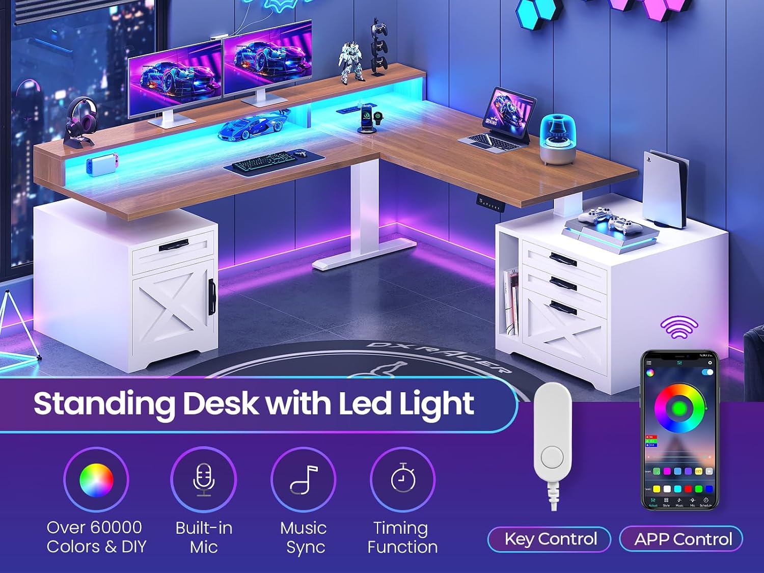 SEDETA Farmhouse L Shaped Standing Desk, 70.1" x 73.2" Height Adjustable Home Office Executive Desk with Drawers, Power Outlet, Monitor Stand, Sit Stand Table with Led Lights for Home Office, White - Image 7