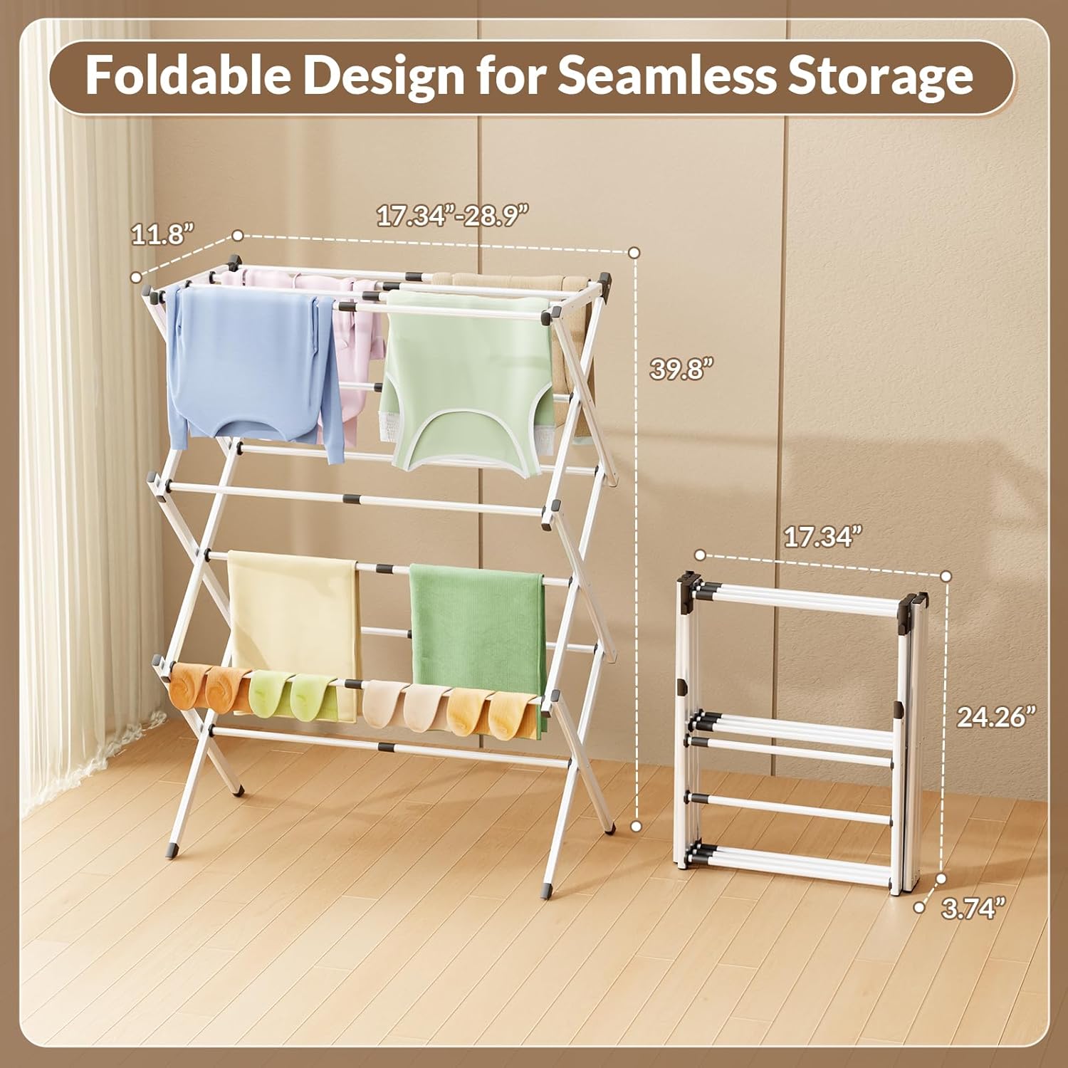 Foldable Clothes Drying Rack - 3-Tier Laundry Drying Rack, Collapsible Metal Indoor Airer, Portable X-Type Clothing Dryer with Shoe Hanger for Home & Balcony (No Assembly Required) - Image 3