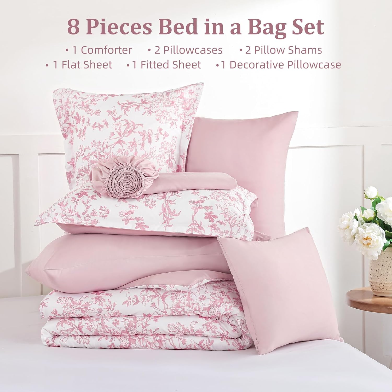 WONGS BEDDING Queen Size Comforter Set, 8 Pieces Pink Floral Bed in a Bag Comferter Sets, Botanical Print Soft Fluffy Microfiber Complete Bedding Sets for All Season (90"x90") - Image 7