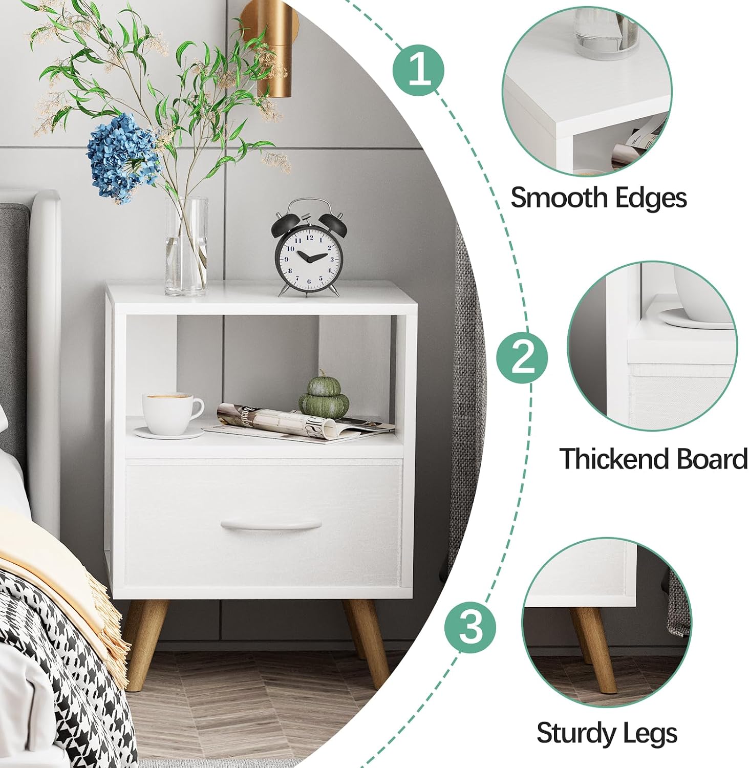Aenuert Night Stand, White Kids Nightstand with Drawer, Nursery Side Table with Open Storage, 2-Tier Modern End Table, Bedside Table for Small Space, Living Room, Bedroom - Image 3