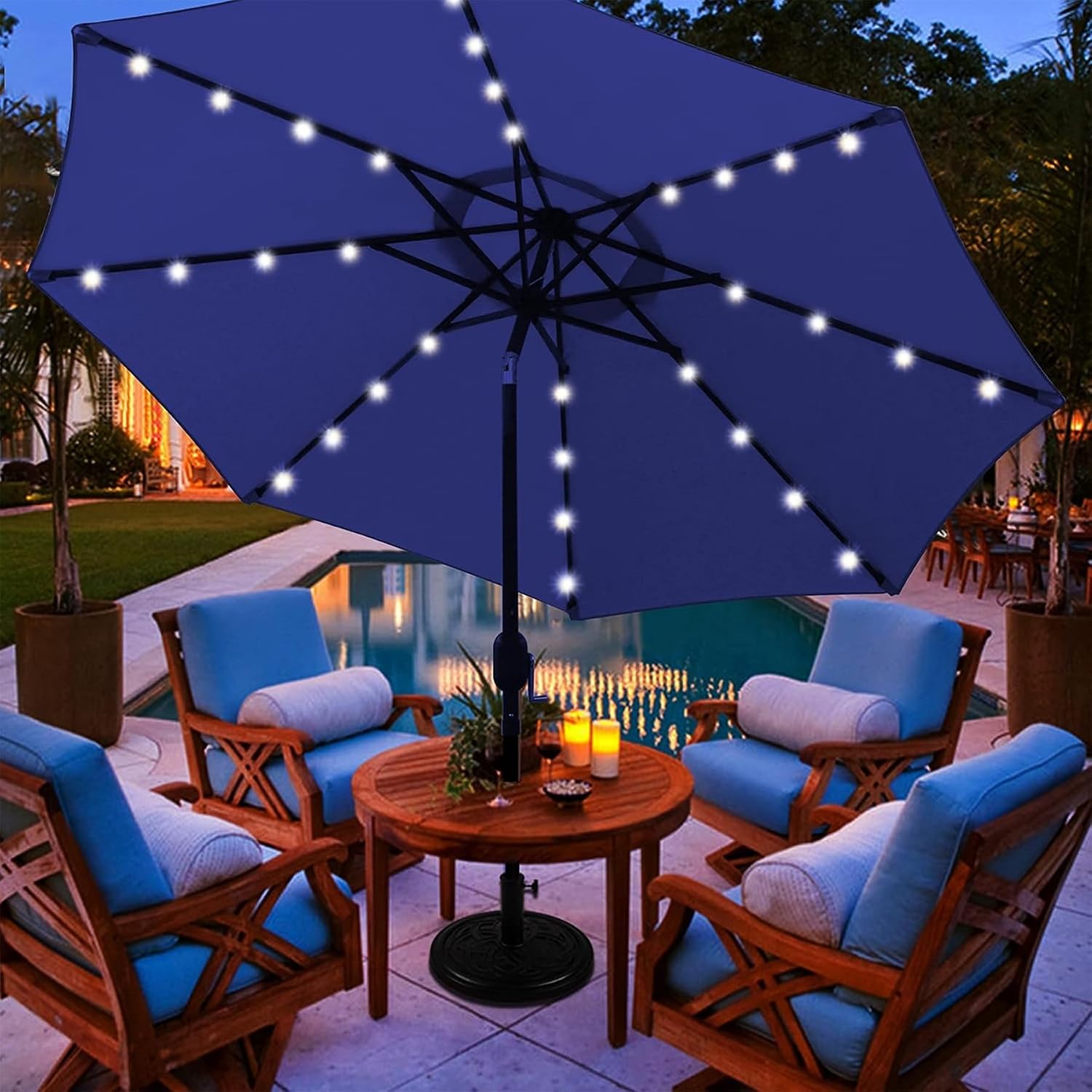 Blissun 9 ft Solar Umbrella 32 LED Lighted Patio Umbrella Table Market Umbrella with Tilt and Crank Outdoor Umbrella for Garden, Deck, Backyard, Pool and Beach (Navy Blue) - Image 6