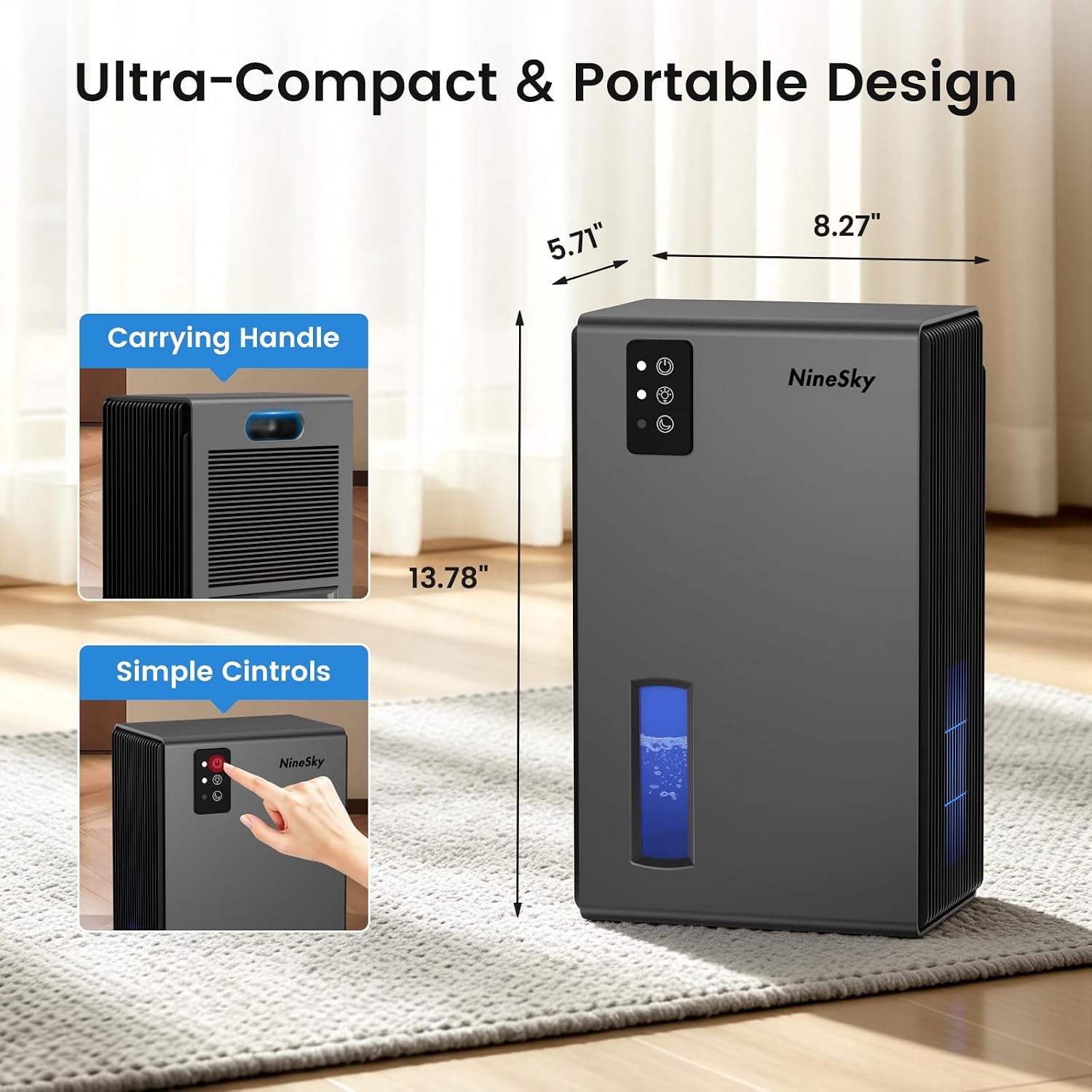 NineSky Dehumidifiers for Home, 1000 Sq.Ft Dehumidifier with 95oz Water Tank, Quiet Dehumidifier for Basement Bathroom Bedroom with 7-Color Ambient Light & Auto Shut Off, (Grey) - Image 6