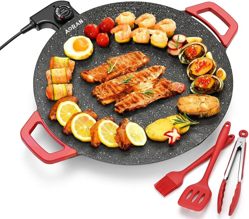 AORAN Indoor Grill Electric Smokeless Set – Nonstick Electric Griddle for Indoor Use, Compact & Versatile Cooking for Steaks, Pancakes & BBQ, Includes Silicone Spatula, Oil Brush & Food Tongs