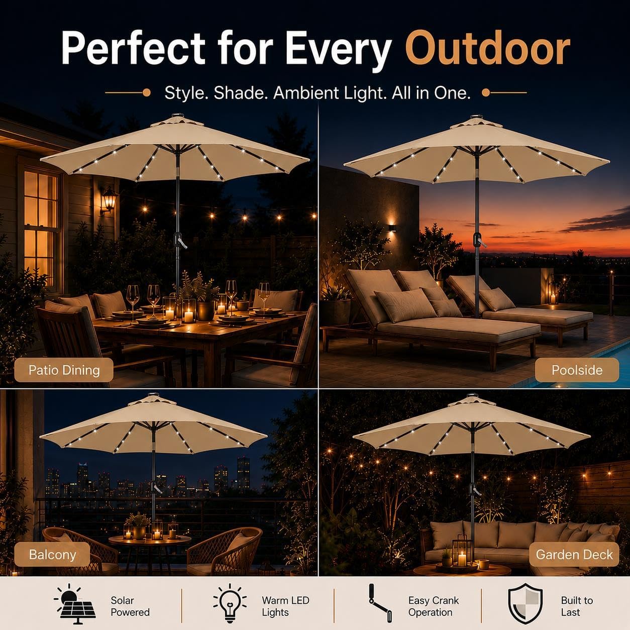 Yaheetech 9FT Solar Patio Umbrella w/Push Button Tilt & Crank, Tan - Image 9