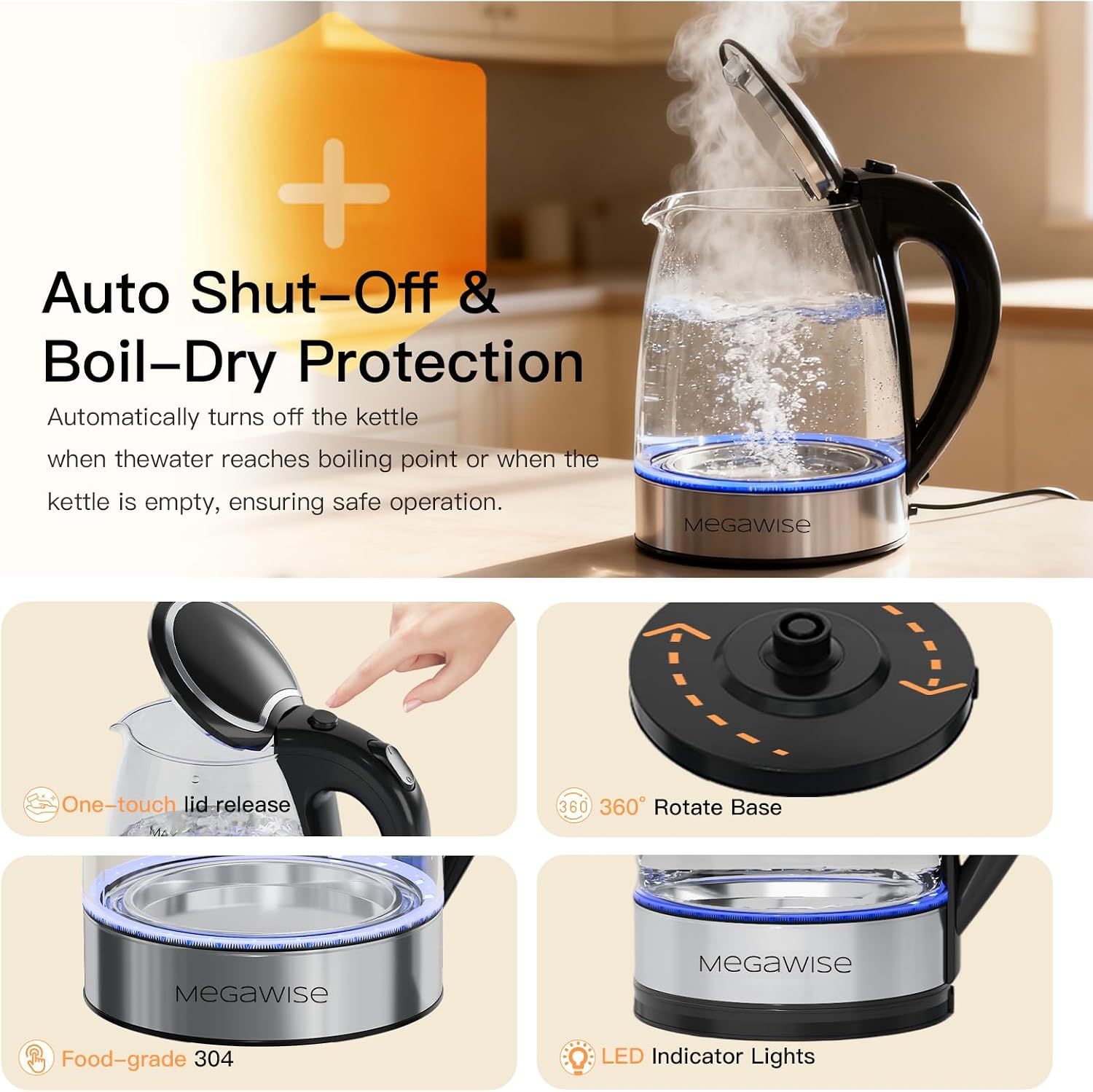 MEGAWISE Electric Kettle, 1.8L Glass Tea Kettle, Auto Shut-Off, Boil-Dry - Image 8