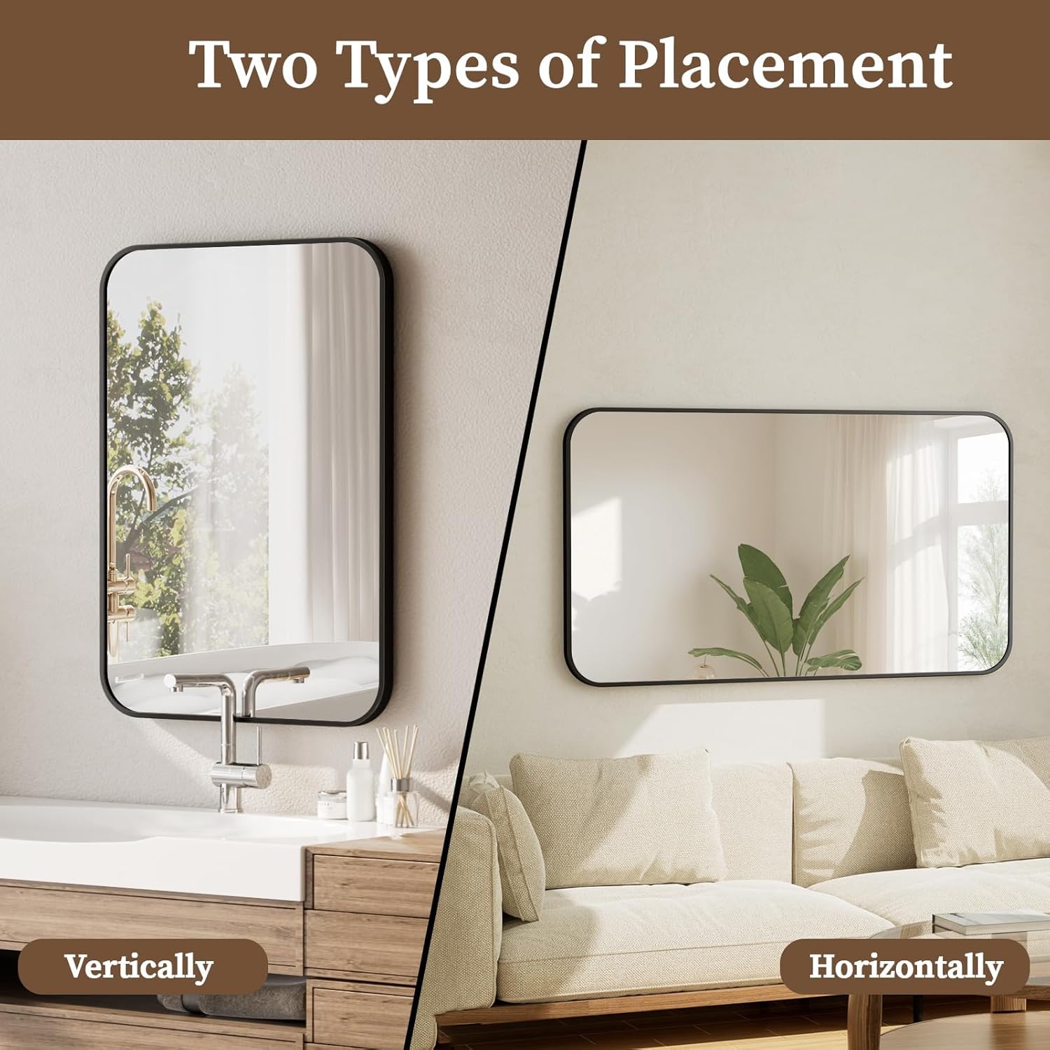 BEAUTYPEAK 24" x 36" Rectangular Aluminum Alloy Frame Wall Mounted Bathroom Mirror with Rounded Corners, Black - Image 4