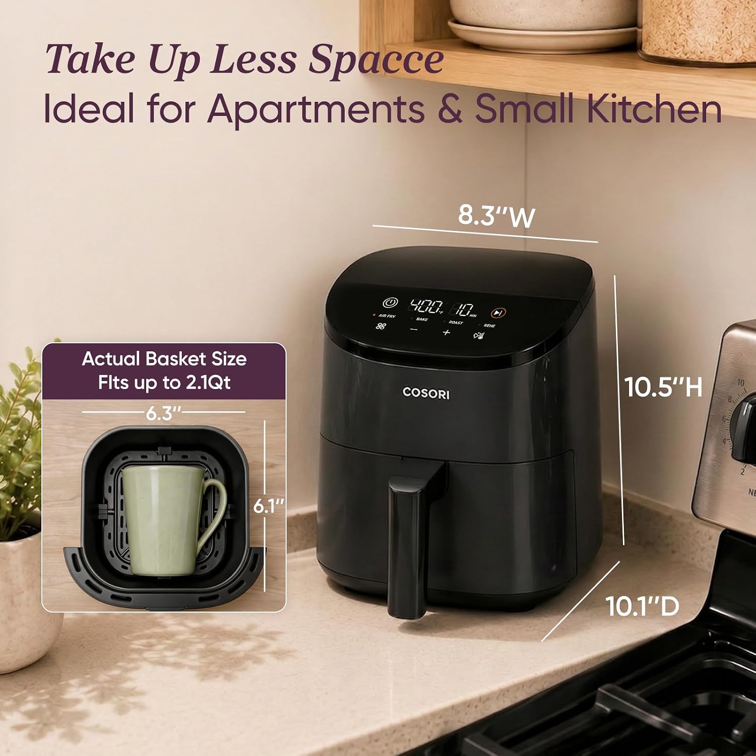 Cosori Lite 2.1 Qt Small Air Fryer, Max 400°F, 4-in-1, 97% less oil, Gray - Image 5