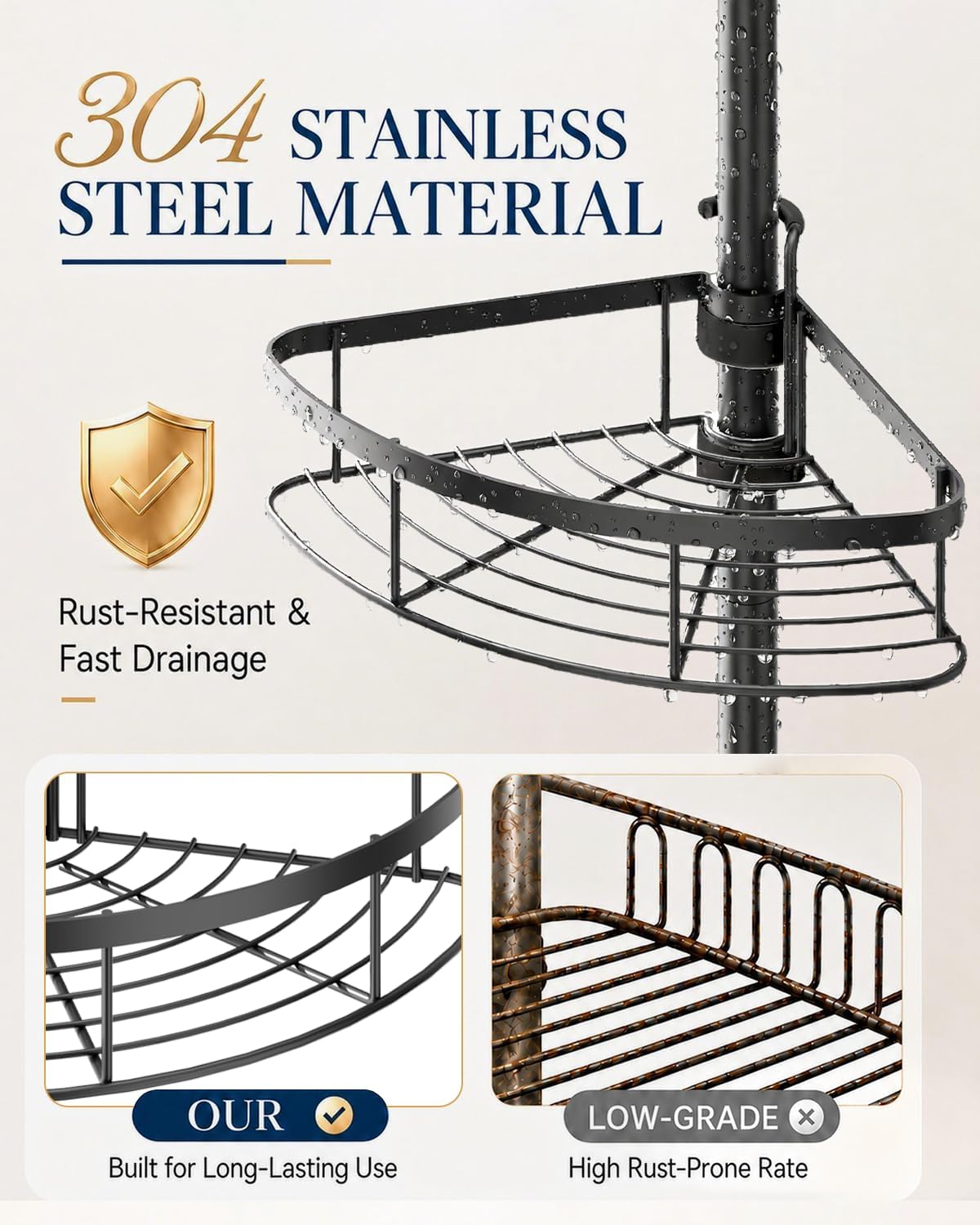 SEIRIONE Rustproof Corner Shower Caddy Tension Pole for Bathroom Organizers - Image 5