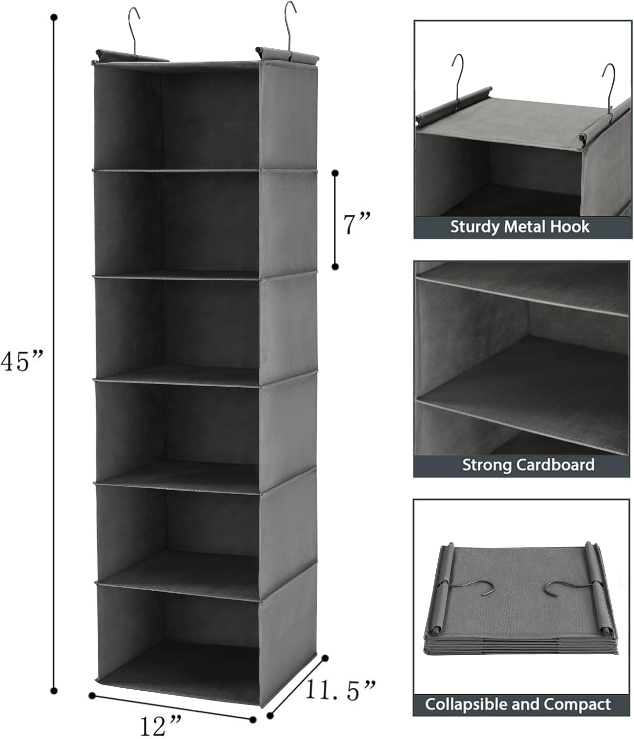 MAX Houser 6 Tier Hanging Closet Organizer with 2 Sturdy Hooks, Grey - Image 3