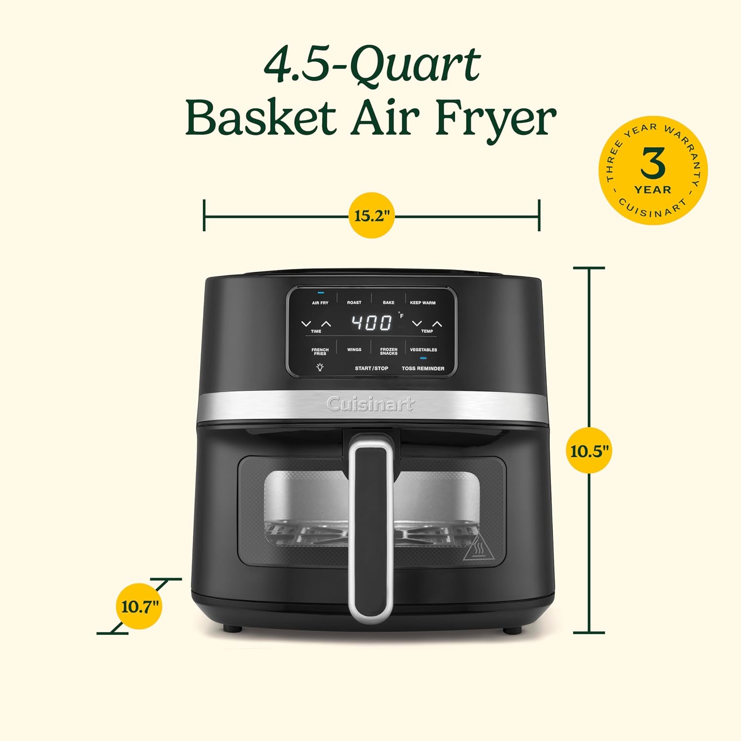 Cuisinart Air Fryer, 4.5-Quart Basket Fryer with 4 Cooking Functions to Air Fry, Roast, Bake, and Keep Warm, 4 Airfryer Presets, Dishwasher-Safe Parts, AIR-160NAS, Stainless Steel & Black - Image 7
