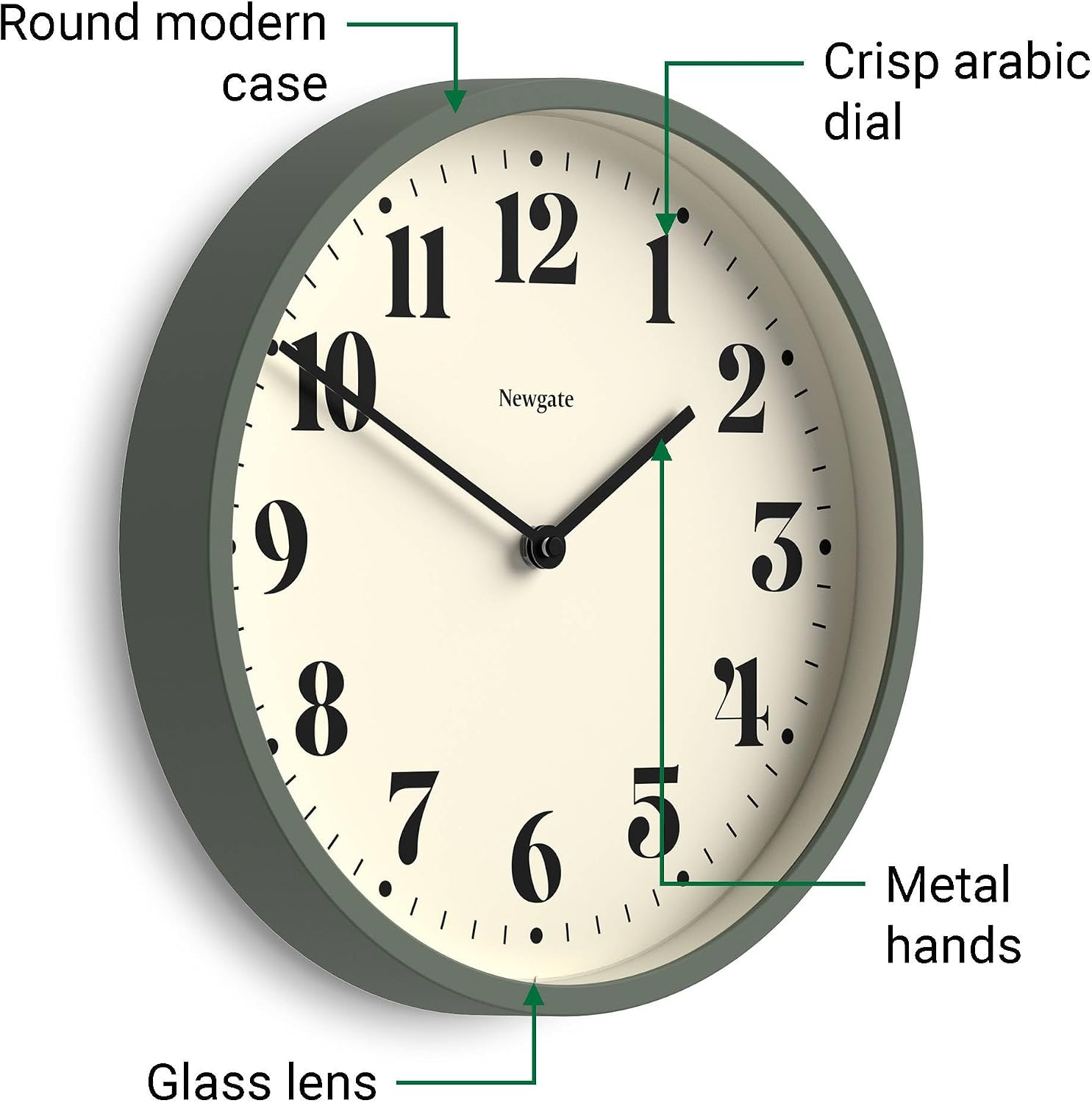 NEWGATE® Number Four Theatre wall Clock | Modern Round Clock | 12" | Asparagus Green | Decorative Numbers | Ideal for Kitchen, Living Room or Office - Image 5