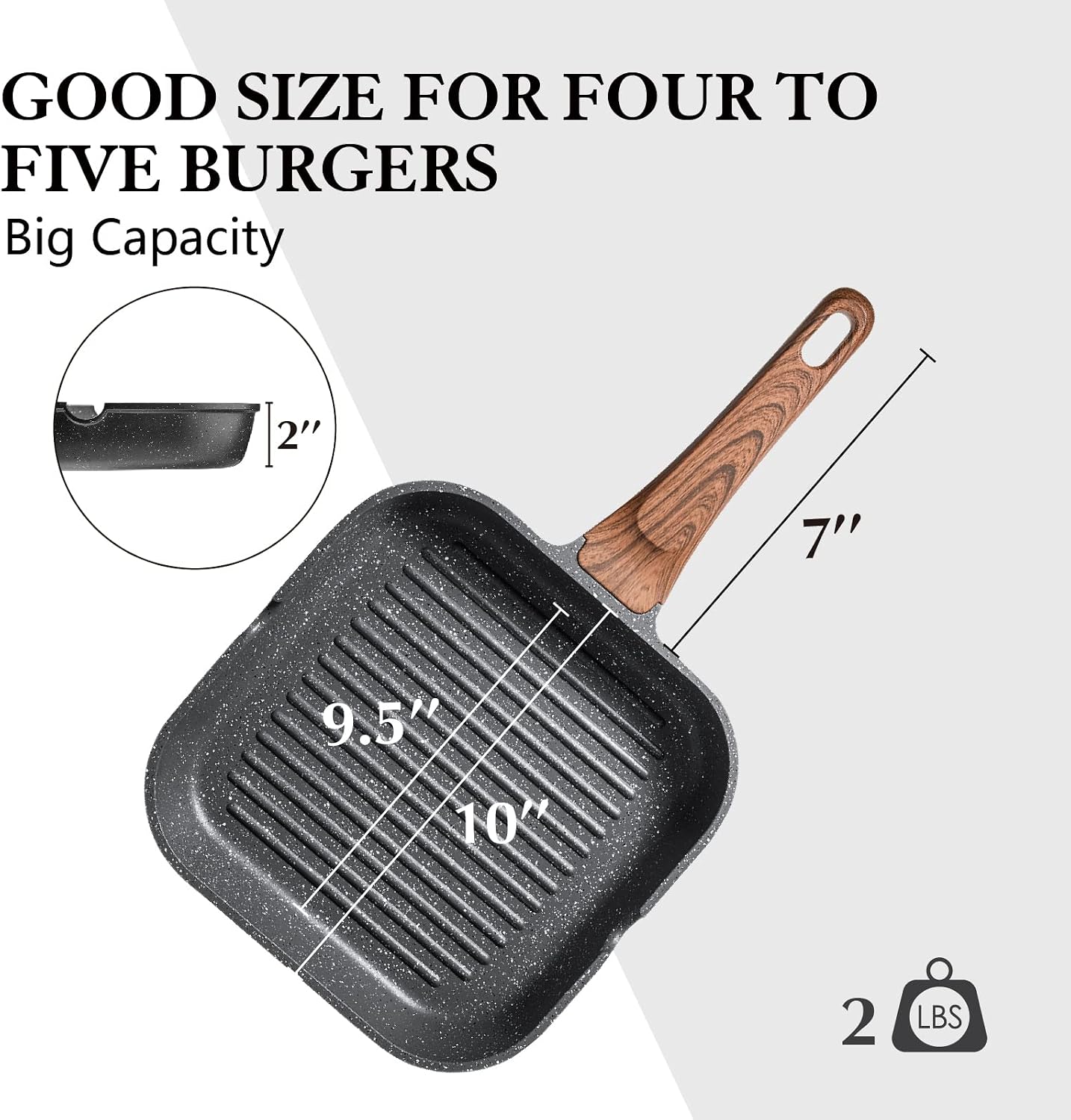 SENSARTE Nonstick Grill Pan for Stove Tops, Versatile Griddle with Pour Spouts, Square Big Cooking Surface, Durable Skillet Indoor & Outdoor Grilling. PFOA Free, 9.5 Inch - Image 7