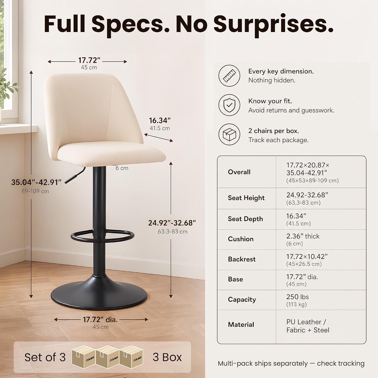 COLAMY Adjustable Upholstered Bar Stools Set of 3,360° Swivel Counter Height Chairs with Soft Cushioned Seat & Stable Metal Base for Kitchen Island,250 LBS Capacity,Easy Assembly,Beige - Image 2