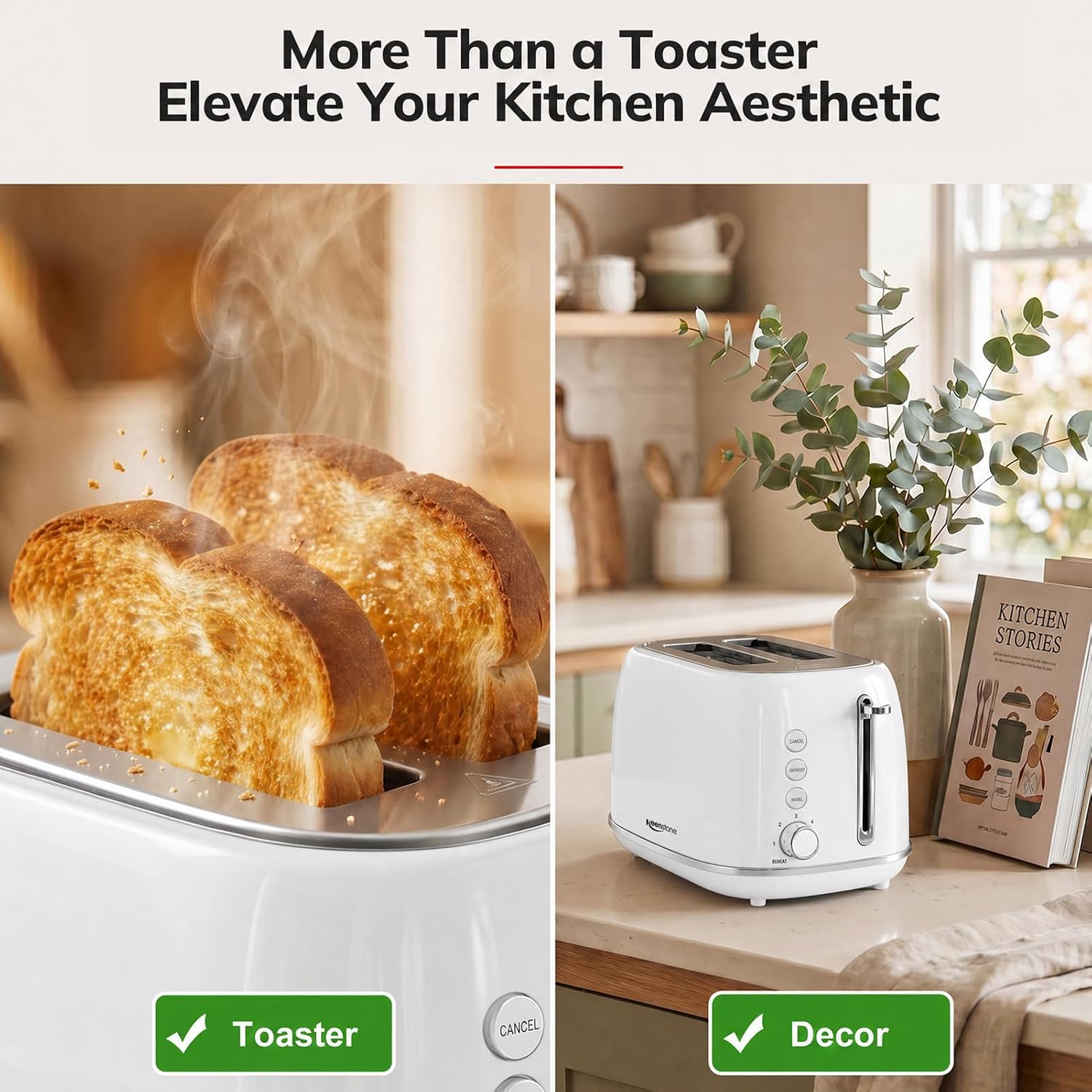 Keenstone 2 Slice Toaster, Retro Stainless Steel Kitchen Essentials, White - Image 2
