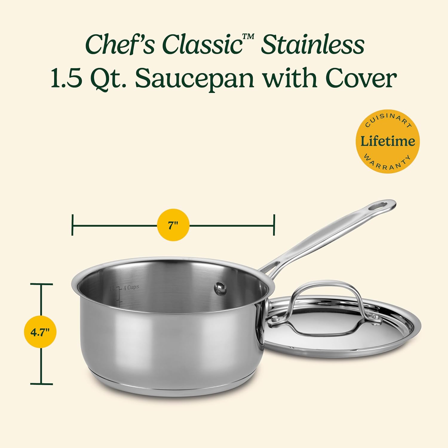 Cuisinart 1.5 Quart Sauce Pan with Cover, Stainless Steel Pot with Lid, Small Kitchen Pots, Dishwasher Safe, Compatible with Induction, Electric, Gas Cooktops, Oven Safe Saucepan, Cool Grip Handles - Image 6