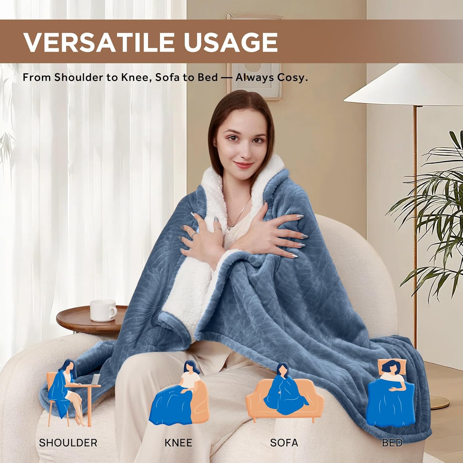 Westinghouse Heated Throw Blanket Flower Jacquard Flannel Sherpa 50x60 Blue - Image 8